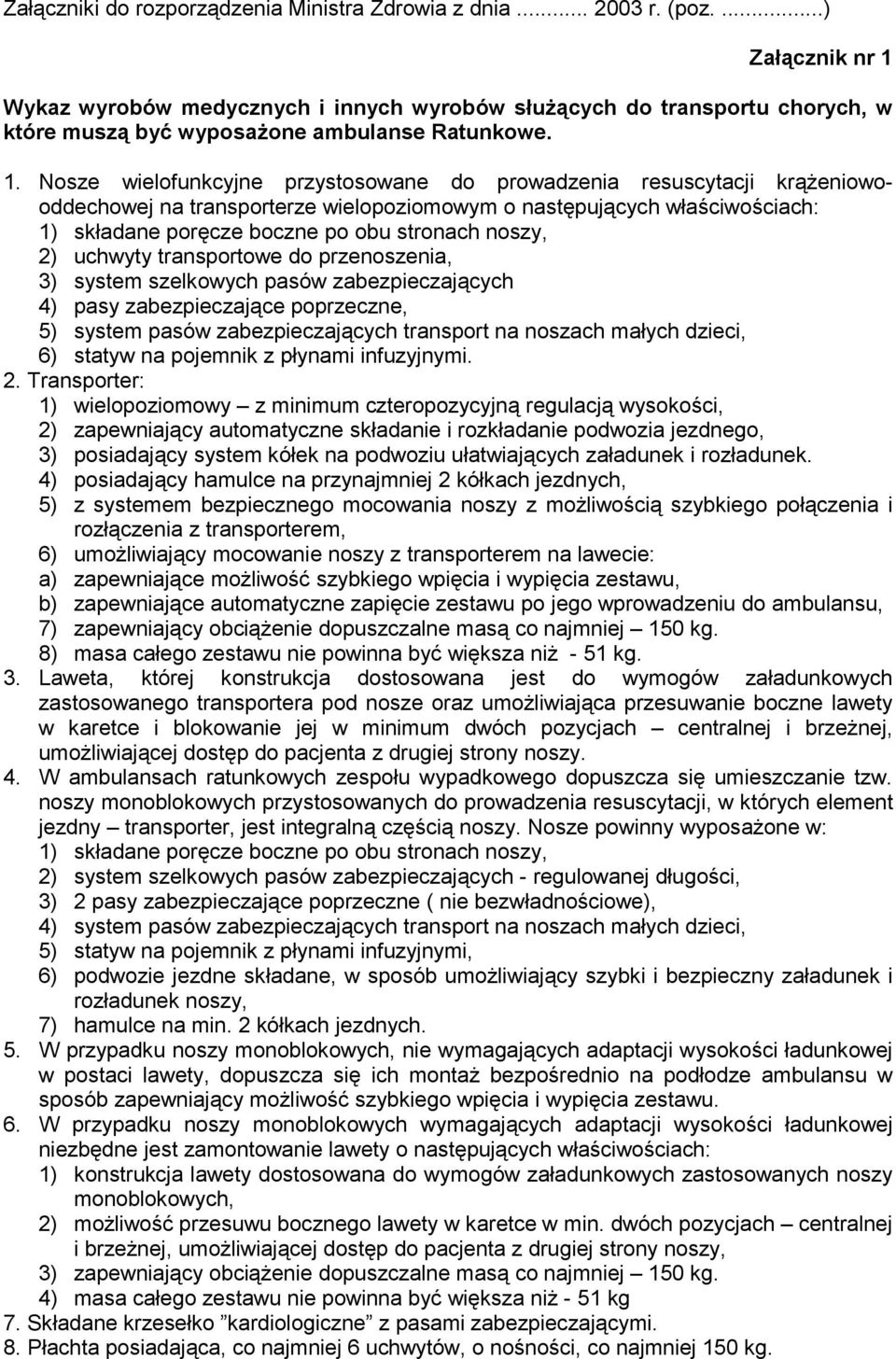 Wykaz wyrobów medycznych i innych wyrobów służących do transportu chorych, w które muszą być wyposażone ambulanse Ratunkowe. 1.