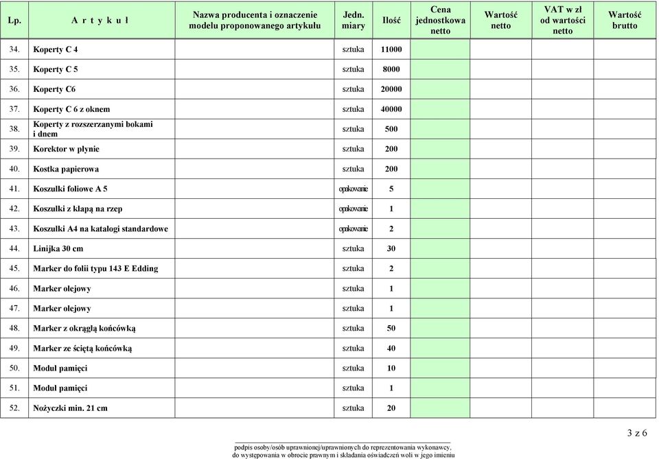 Koszulki z klapą na rzep opakowanie 1 43. Koszulki A4 na katalogi standardowe opakowanie 2 44. Linijka 30 cm sztuka 30 45. Marker do folii typu 143 E Edding sztuka 2 46.