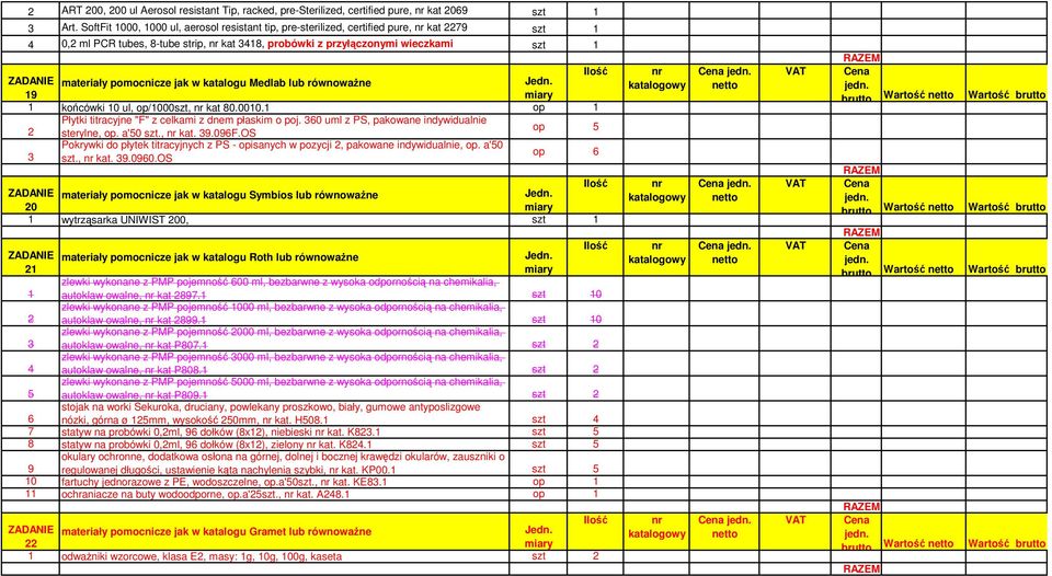 katalogu Medlab lub równowaŝne 9 końcówki 0 ul, op/000szt, kat 80.000. op 2 Płytki titracyjne "F" z celkami z dnem płaskim o poj. 360 uml z PS, pakowane indywidualnie sterylne, op. a'50 szt., kat. 39.