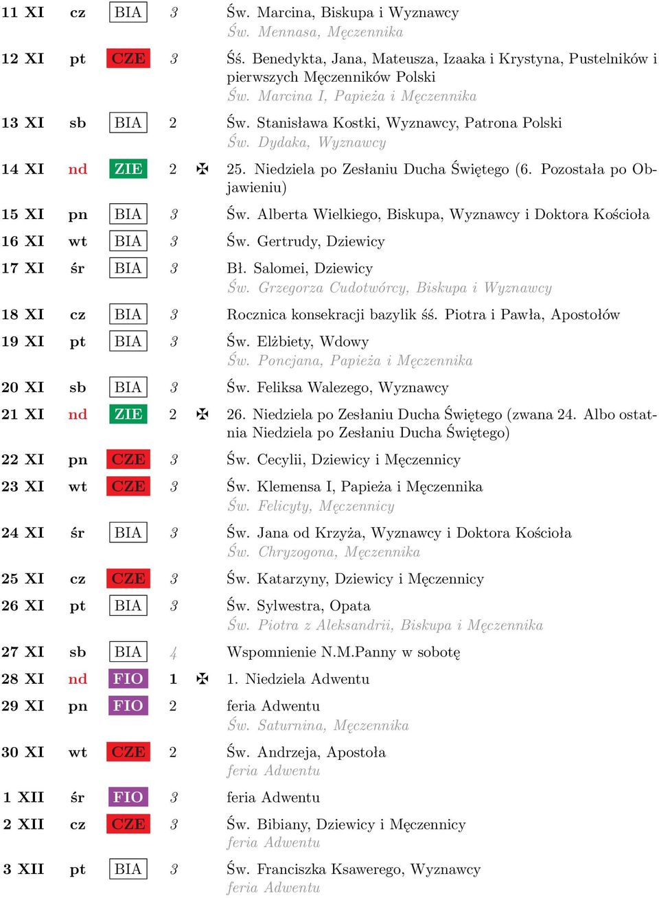 Pozostała po Objawieniu) 15 XI pn BIA 3 Św. Alberta Wielkiego, Biskupa, Wyznawcy i Doktora Kościoła 16 XI wt BIA 3 Św. Gertrudy, Dziewicy 17 XI śr BIA 3 Bł. Salomei, Dziewicy Św.