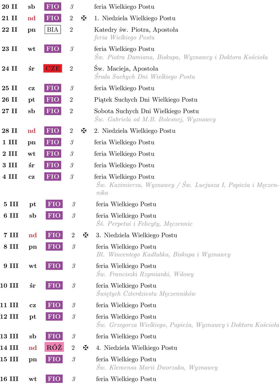 Macieja, Apostoła Środa Suchych Dni Wielkiego Postu 25 II cz FIO 3 feria Wielkiego Postu 26 II pt FIO 2 Piątek Suchych Dni Wielkiego Postu 27 II sb FIO 2 Sobota Suchych Dni Wielkiego Postu Św.