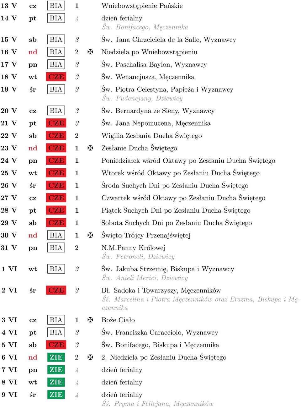 Piotra Celestyna, Papieża i Wyznawcy Św. Pudencjany, Dziewicy 20 V cz BIA 3 Św. Bernardyna ze Sieny, Wyznawcy 21 V pt CZE 3 Św.