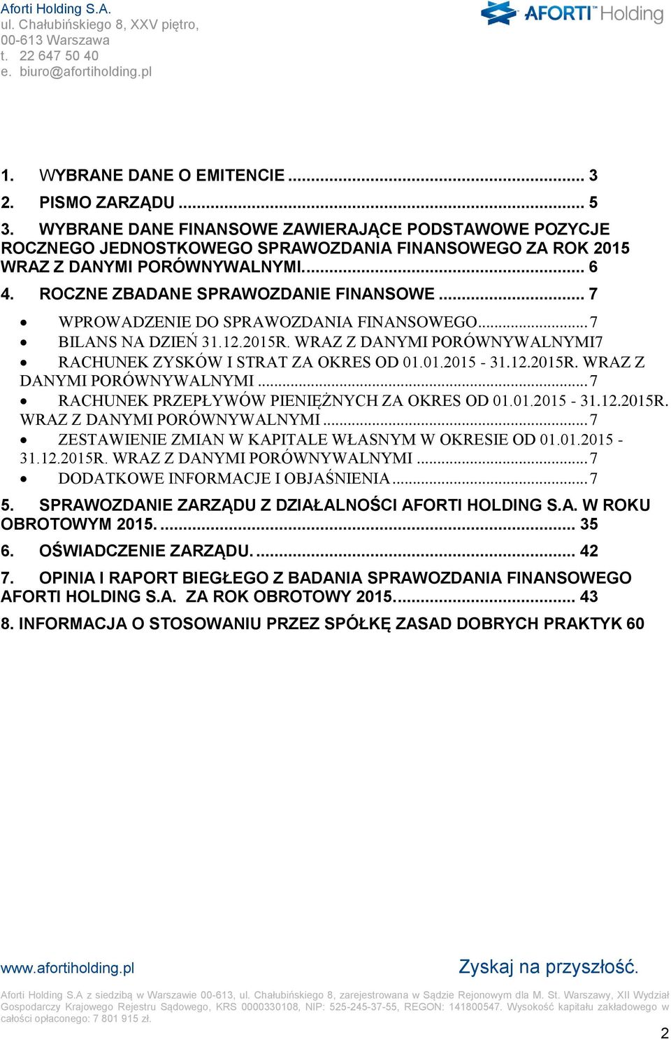 .. 7 WPROWADZENIE DO SPRAWOZDANIA FINANSOWEGO... 7 BILANS NA DZIEŃ 31.12.2015R. WRAZ Z DANYMI PORÓWNYWALNYMI7 RACHUNEK ZYSKÓW I STRAT ZA OKRES OD 01.01.2015-31.12.2015R. WRAZ Z DANYMI PORÓWNYWALNYMI... 7 RACHUNEK PRZEPŁYWÓW PIENIĘŻNYCH ZA OKRES OD 01.