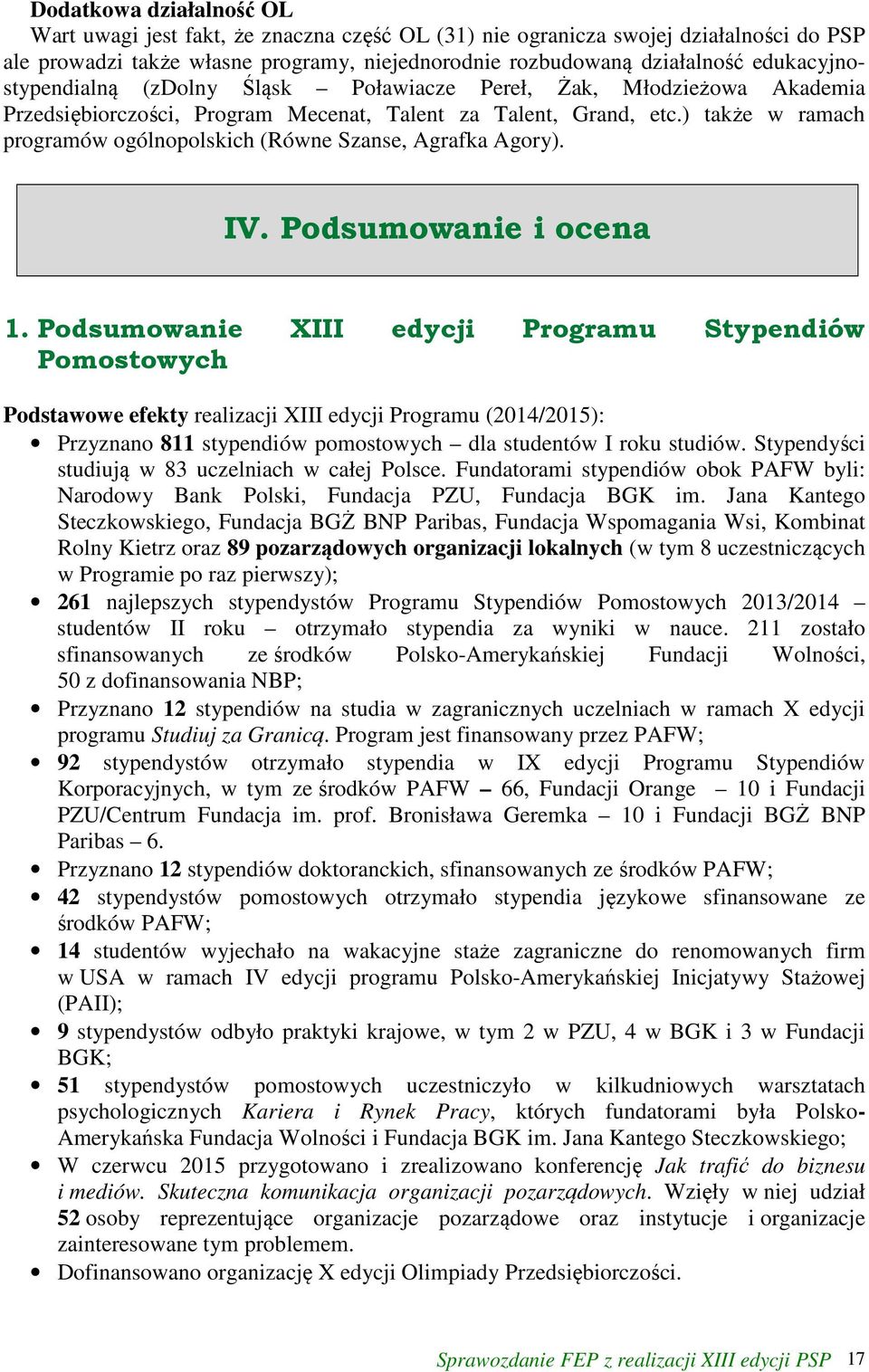 ) także w ramach programów ogólnopolskich (Równe Szanse, Agrafka Agory). IV. Podsumowanie i ocena 1.