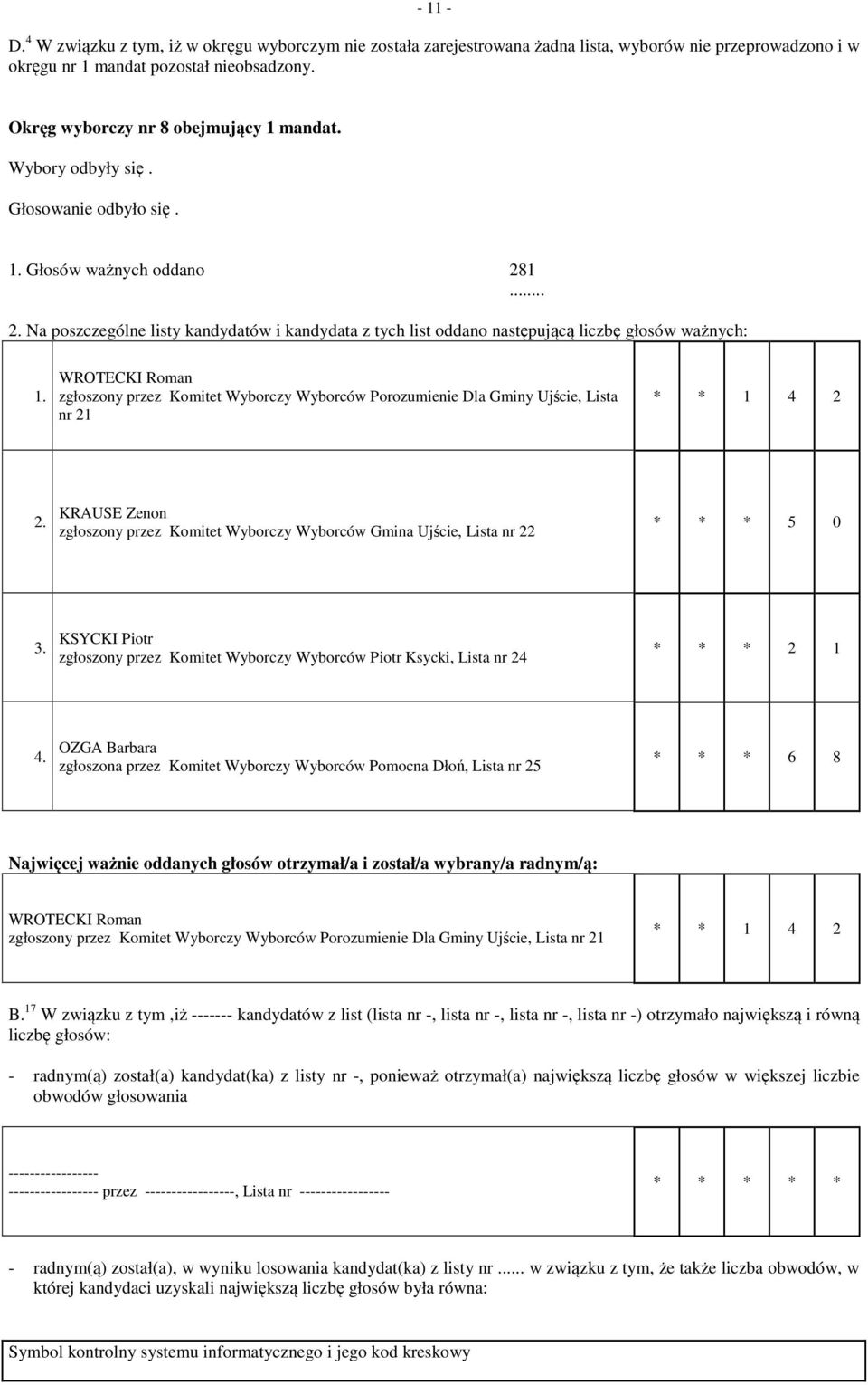 Porozumienie Dla Gminy Ujście, Lista * * 1 4 2 KRAUSE Zenon * * * 5 0 3. KSYCKI Piotr zgłoszony przez Komitet Wyborczy Wyborców Piotr Ksycki, Lista nr 24 * * * 2 1 4.