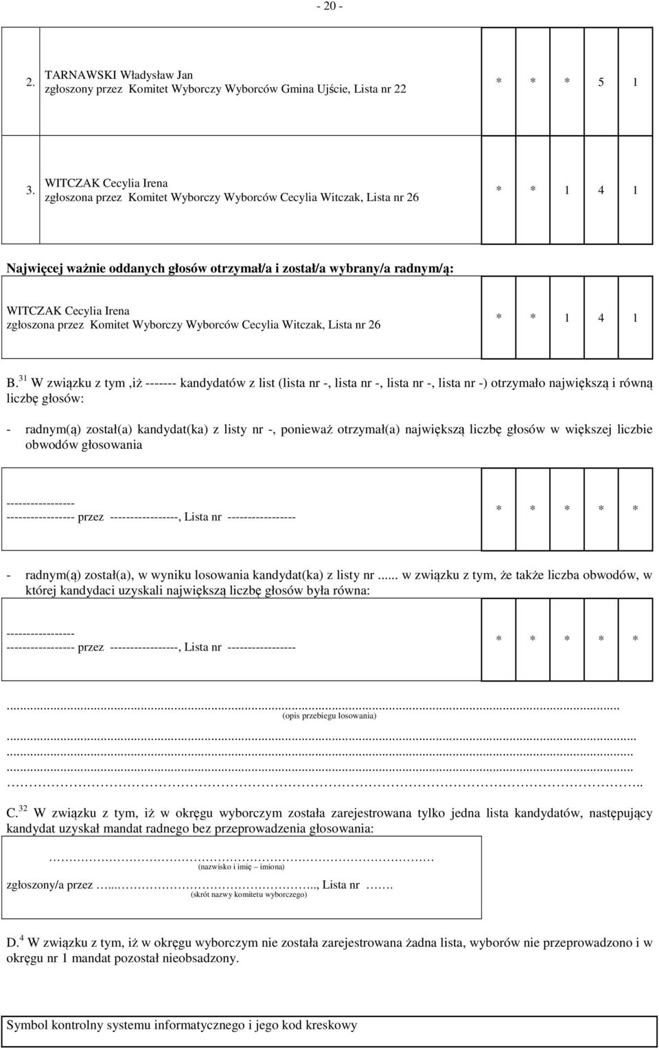 zgłoszona przez Komitet Wyborczy Wyborców Cecylia Witczak, Lista nr 26 * * 1 4 1 B.