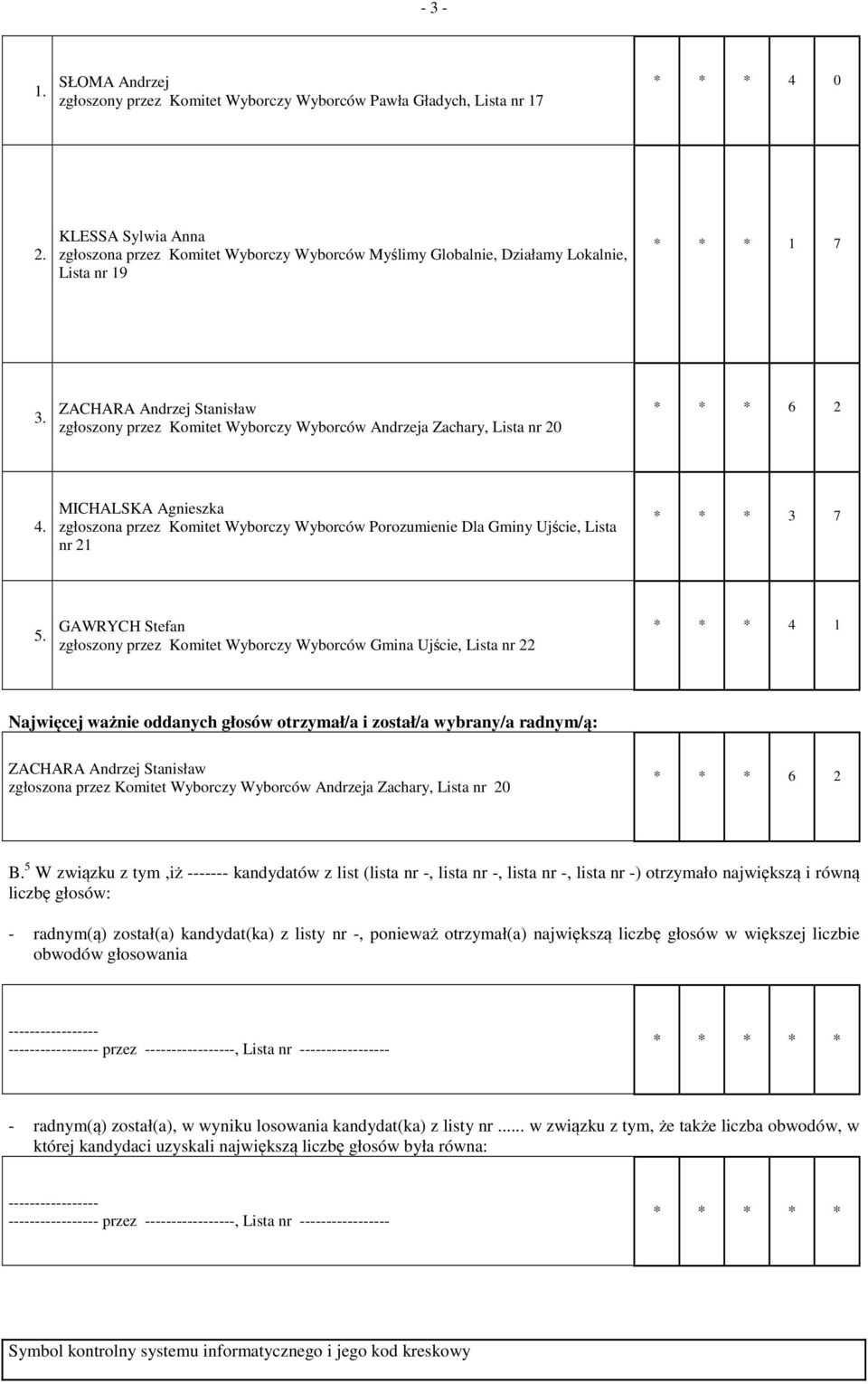 MICHALSKA Agnieszka zgłoszona przez Komitet Wyborczy Wyborców Porozumienie Dla Gminy Ujście, Lista * * * 3 7 5.