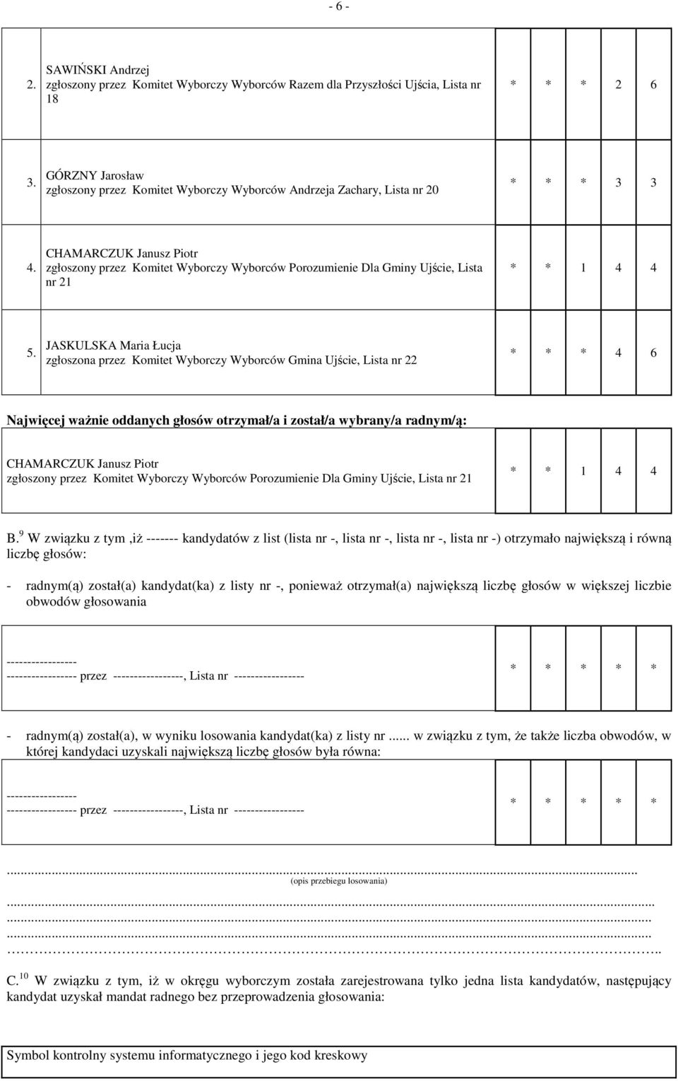 CHAMARCZUK Janusz Piotr zgłoszony przez Komitet Wyborczy Wyborców Porozumienie Dla Gminy Ujście, Lista * * 1 4 4 5.