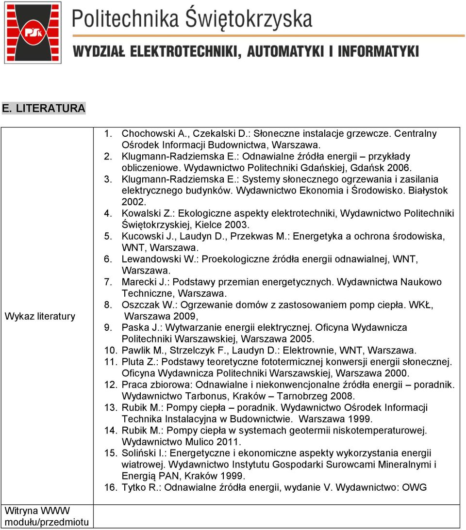 Wydawnictwo Ekonomia i Środowisko. Białystok 2002. 4. Kowalski Z.: Ekologiczne aspekty elektrotechniki, Wydawnictwo Politechniki Świętokrzyskiej, Kielce 2003. 5. Kucowski J., Laudyn D., Przekwas M.