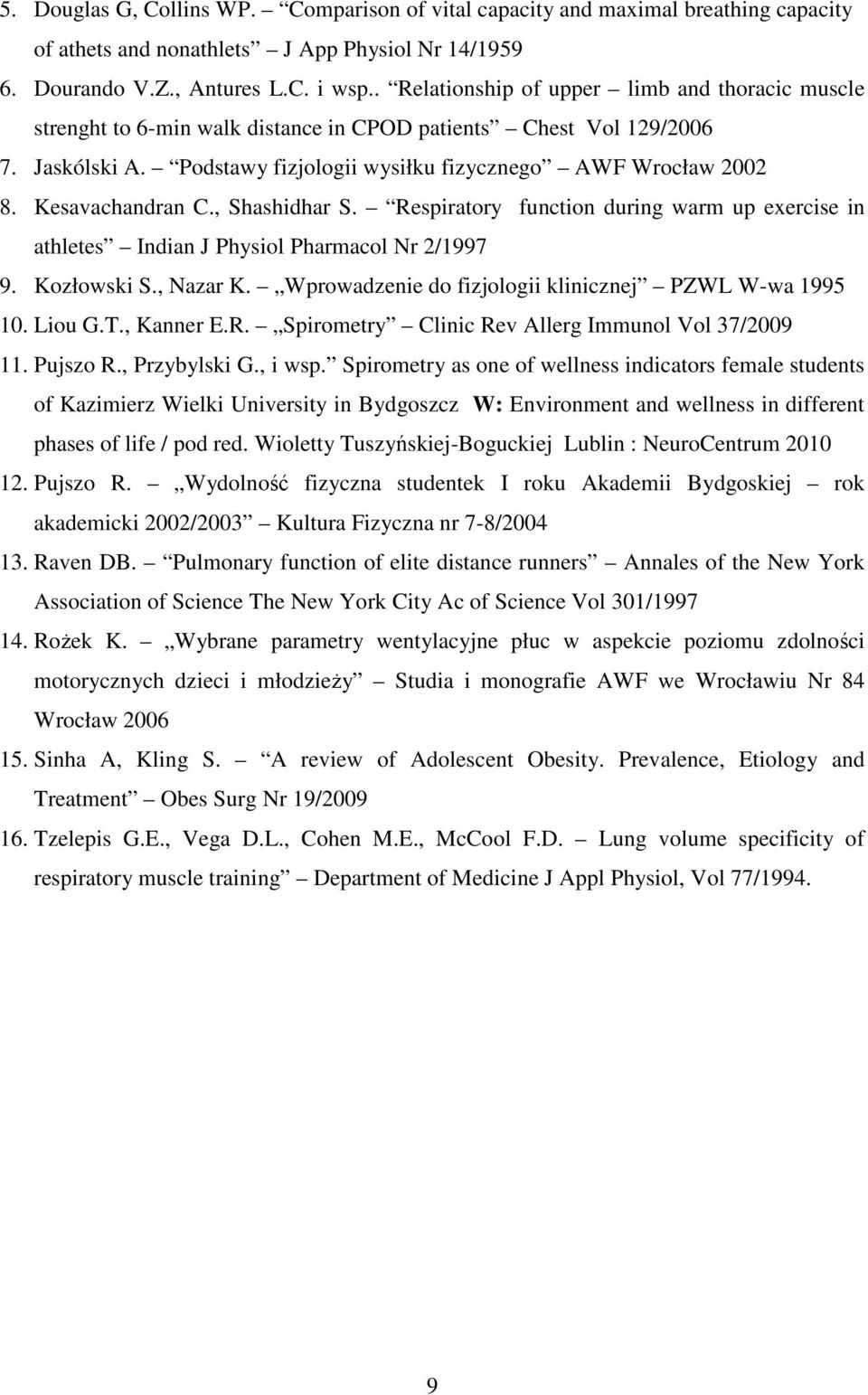 Kesavachandran C., Shashidhar S. Respiratory function during warm up exercise in athletes Indian J Physiol Pharmacol Nr 2/1997 9. Kozłowski S., Nazar K.