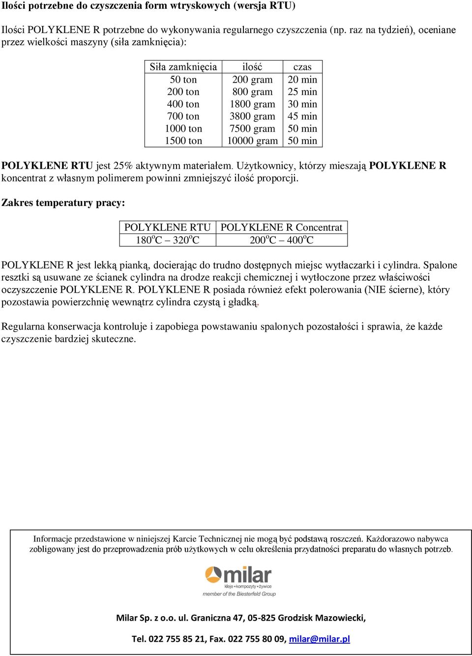 gram 20 min 25 min 30 min 45 min 50 min 50 min POLYKLENE RTU jest 25% aktywnym materiałem. Użytkownicy, którzy mieszają POLYKLENE R koncentrat z własnym polimerem powinni zmniejszyć ilość proporcji.