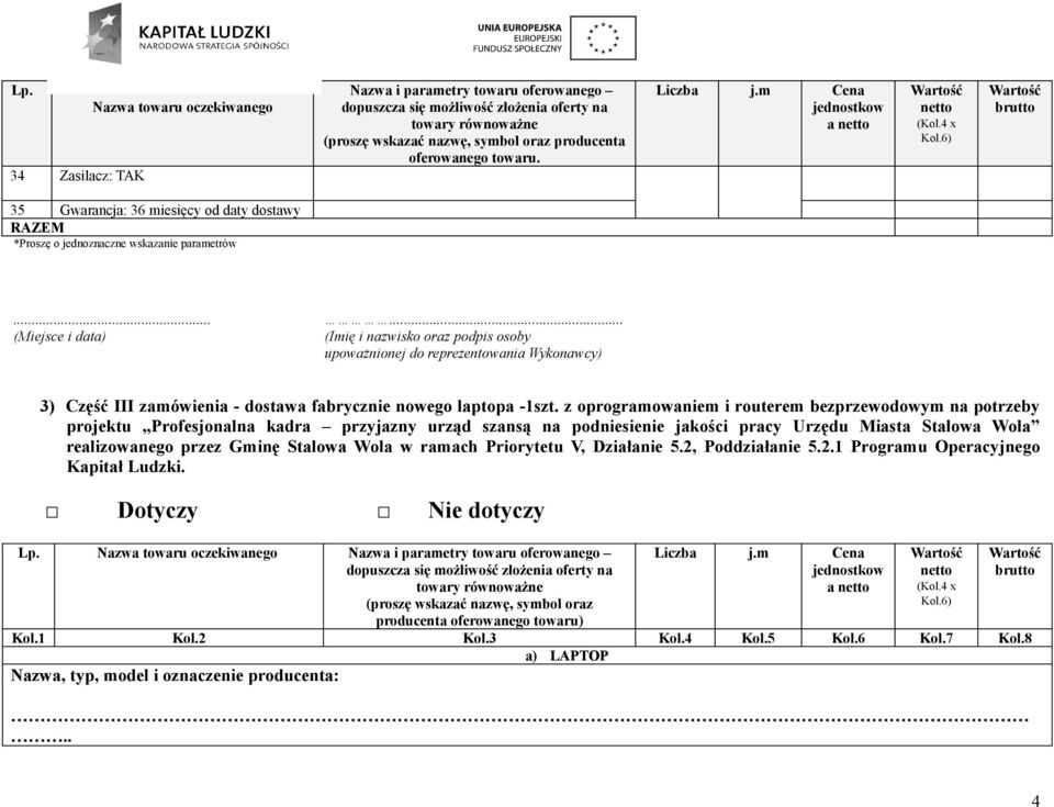 ..... (Miejsce i data) (Imię i nazwisko oraz podpis osoby upoważnionej do reprezentowania Wykonawcy) 3) Część III zamówienia - dostawa fabrycznie nowego laptopa -1szt.