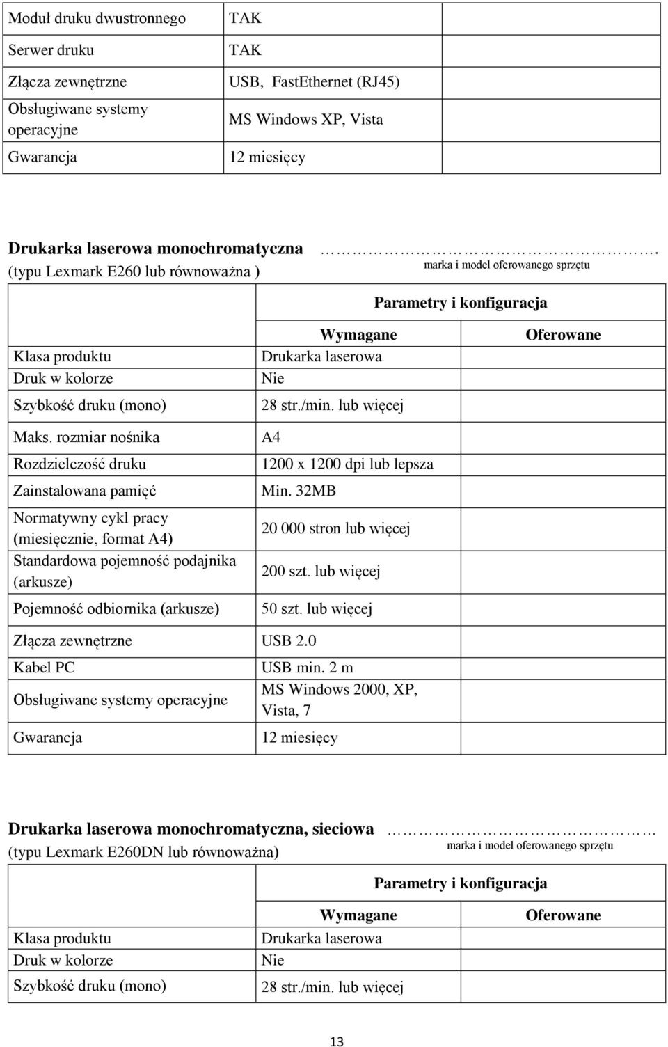 rozmiar nośnika Rozdzielczość druku Zainstalowana pamięć Normatywny cykl pracy (miesięcznie, format A4) Standardowa pojemność podajnika (arkusze) Pojemność odbiornika (arkusze) Drukarka laserowa Nie