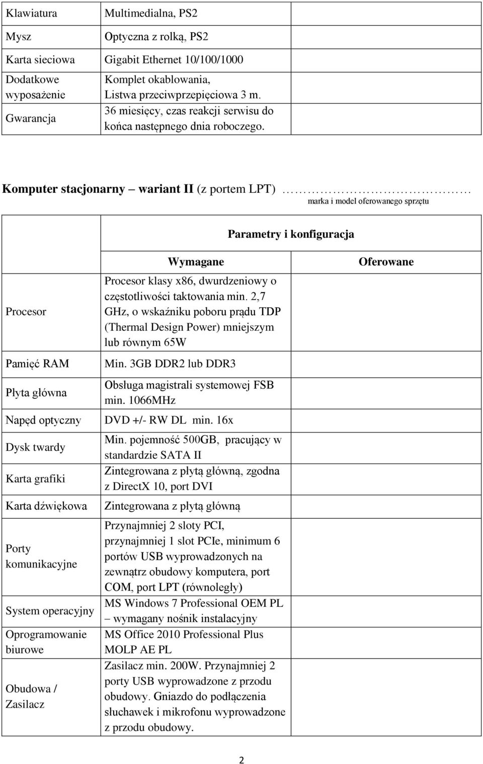 Komputer stacjonarny wariant II (z portem LPT) Pamięć RAM Płyta główna Napęd optyczny Dysk twardy Karta grafiki Karta dźwiękowa komunikacyjne System operacyjny Oprogramowanie biurowe Obudowa /