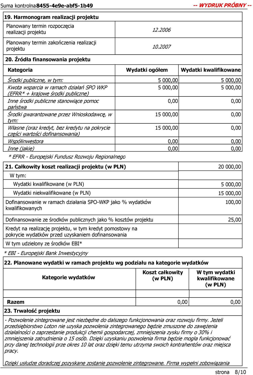 środki publiczne) Inne środki publiczne stanowiące pomoc 0,00 0,00 państwa Środki gwarantowane przez Wnioskodawcę, w 15 000,00 0,00 tym: Własne (oraz kredyt, bez kredytu na pokrycie 15 000,00 0,00