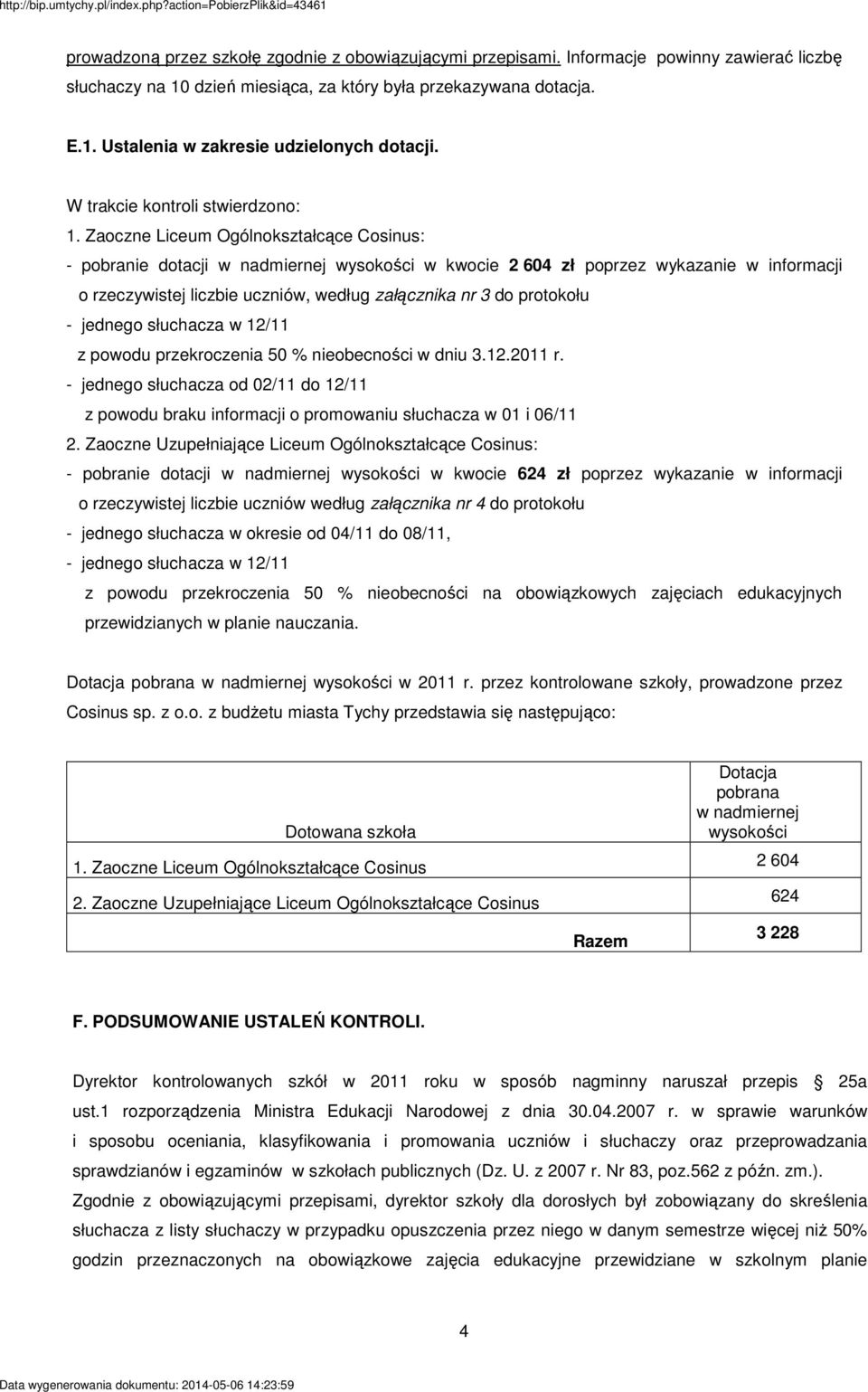 Zaoczne Liceum Ogólnokształcące Cosinus: - pobranie dotacji w nadmiernej wysokości w kwocie 2 604 zł poprzez wykazanie w informacji o rzeczywistej liczbie uczniów, według załącznika nr 3 do protokołu