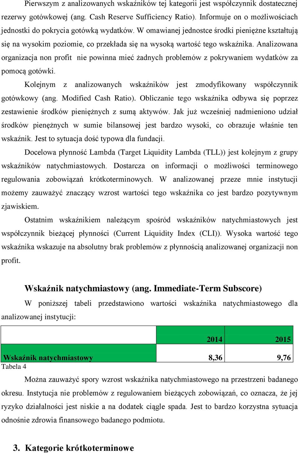 Analizowana organizacja non profit nie powinna mieć żadnych problemów z pokrywaniem wydatków za pomocą gotówki. Kolejnym z analizowanych wskaźników jest zmodyfikowany współczynnik gotówkowy (ang.