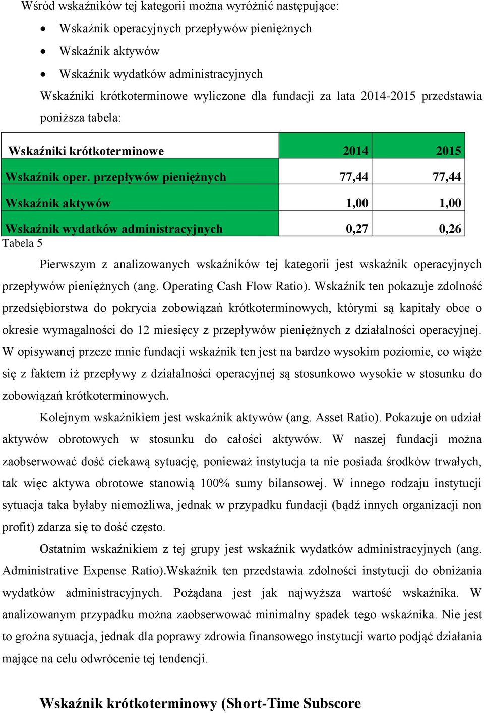 przepływów pieniężnych 77,44 77,44 Wskaźnik aktywów 1,00 1,00 Wskaźnik wydatków administracyjnych 0,27 0,26 Tabela 5 Pierwszym z analizowanych wskaźników tej kategorii jest wskaźnik operacyjnych