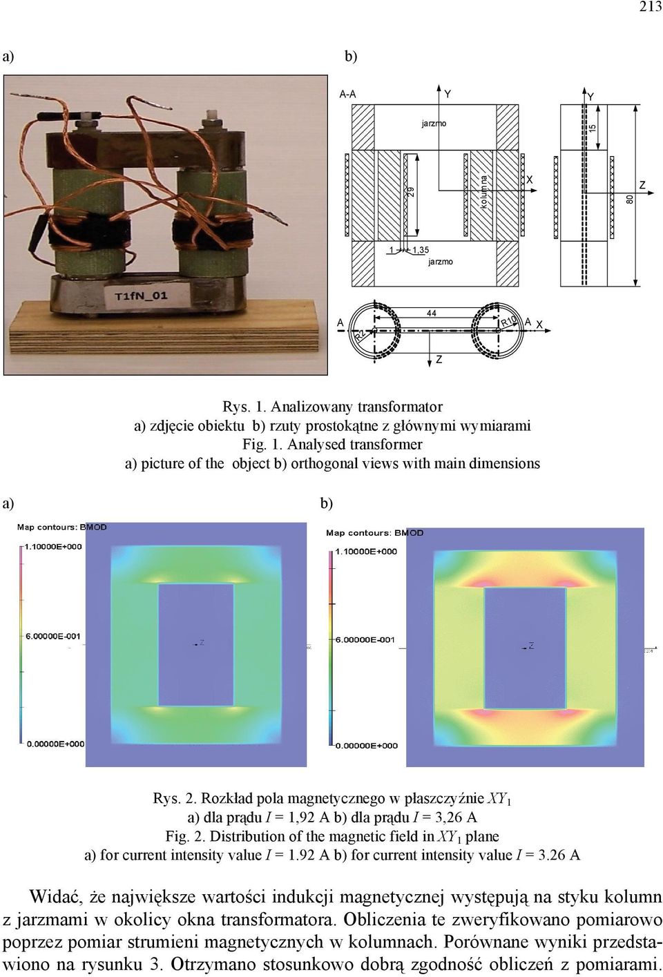 92 A b) for current intensity value I = 3.26 A Widać, że największe wartości indukcji magnetycznej występują na styku kolumn z jarzmami w okolicy okna transformatora.