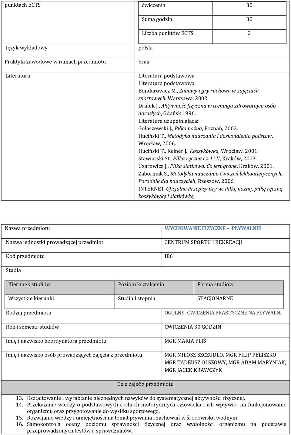 , Piłka nożna, Poznań, 003. Huciński T., Metodyka nauczania i doskonalenia podstaw, Wrocław, 006. Huciński T., Kelner J., Koszykówka, Wrocław, 001. Stawiarski St., Piłka ręczna cz.