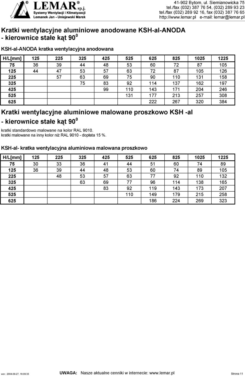 kąt 90 0 kratki standardowo malowane na kolor RAL 9010. kratki malowane na inny kolor niż RAL 9010 - dopłata 15 %.