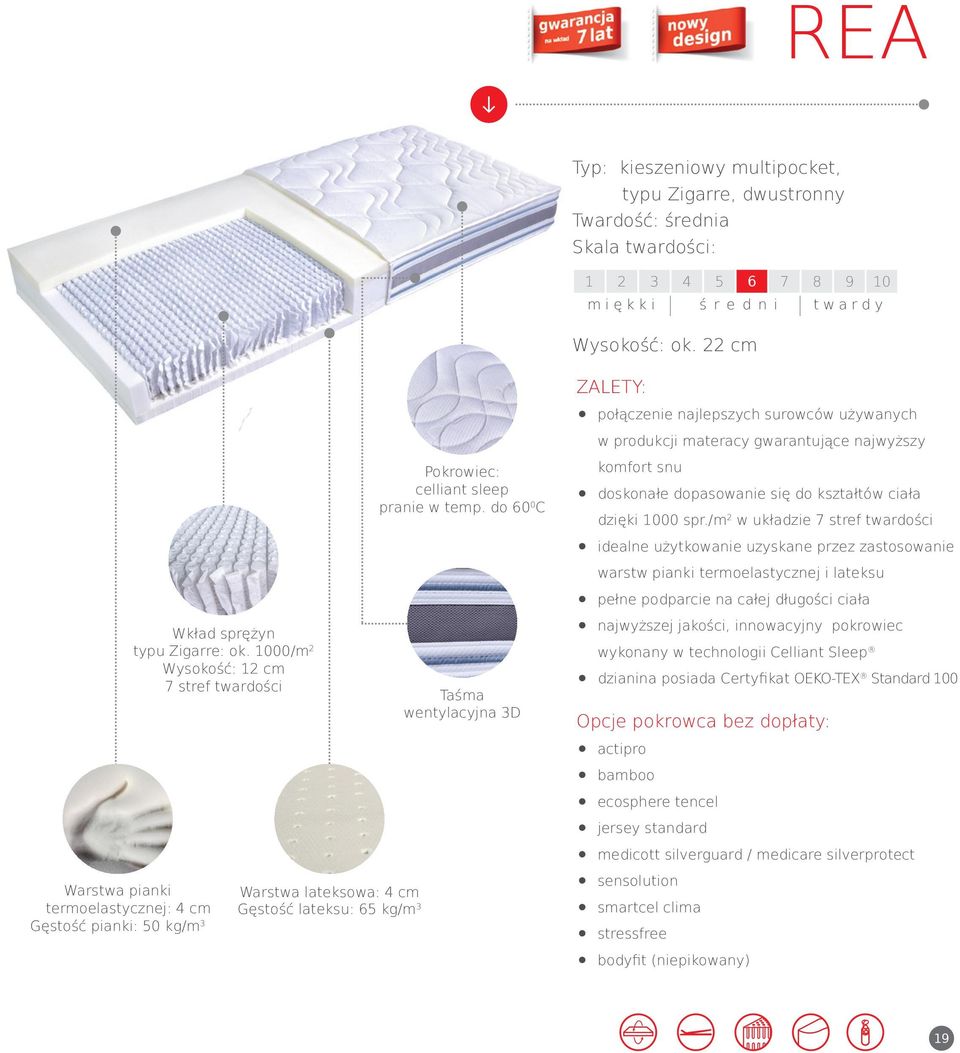 1000/m 2 Wysokość: 12 cm 7 stref twardości Warstwa lateksowa: 4 cm Gęstość lateksu: 65 kg/m 3 Pokrowiec: celliant sleep pranie w temp.