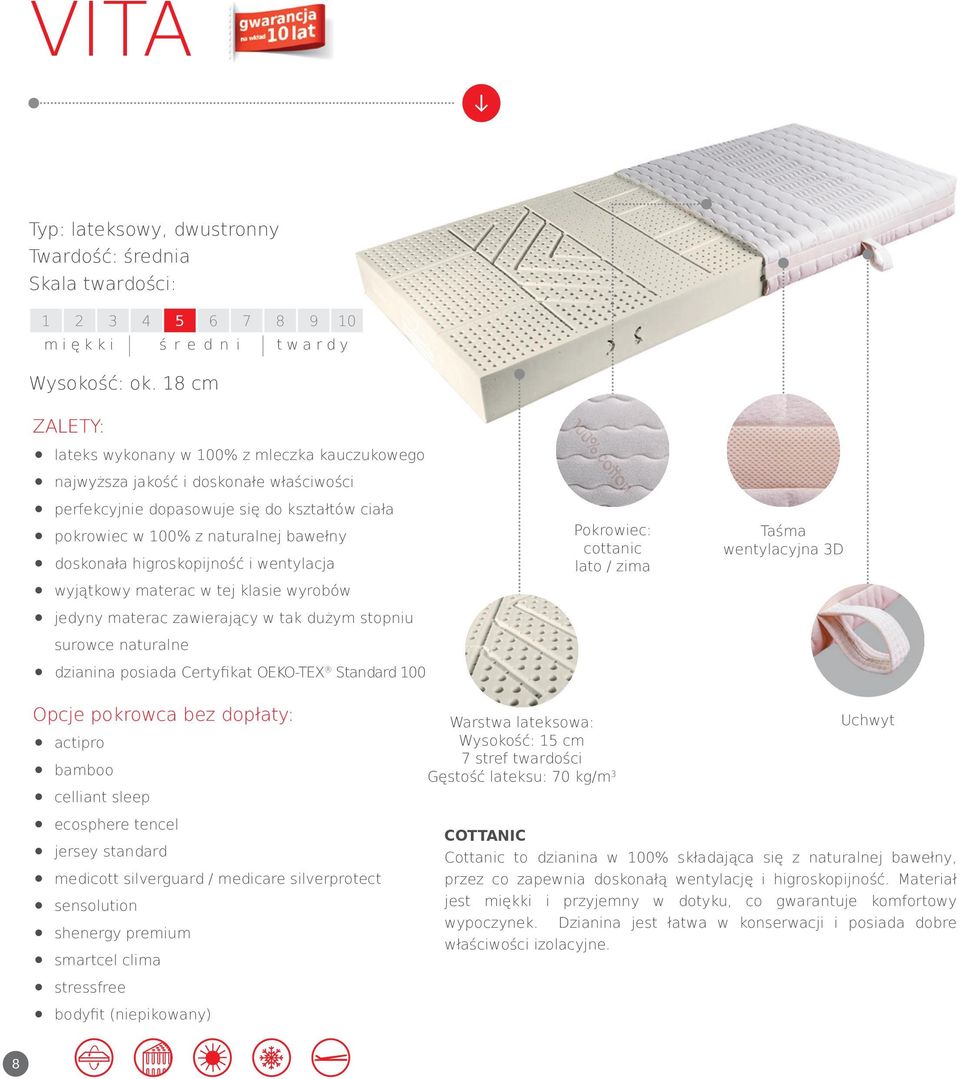 higroskopijność i wentylacja wyjątkowy materac w tej klasie wyrobów jedyny materac zawierający w tak dużym stopniu surowce naturalne dzianina posiada Certyfikat OEKO-TEX Standard 100 Pokrowiec: