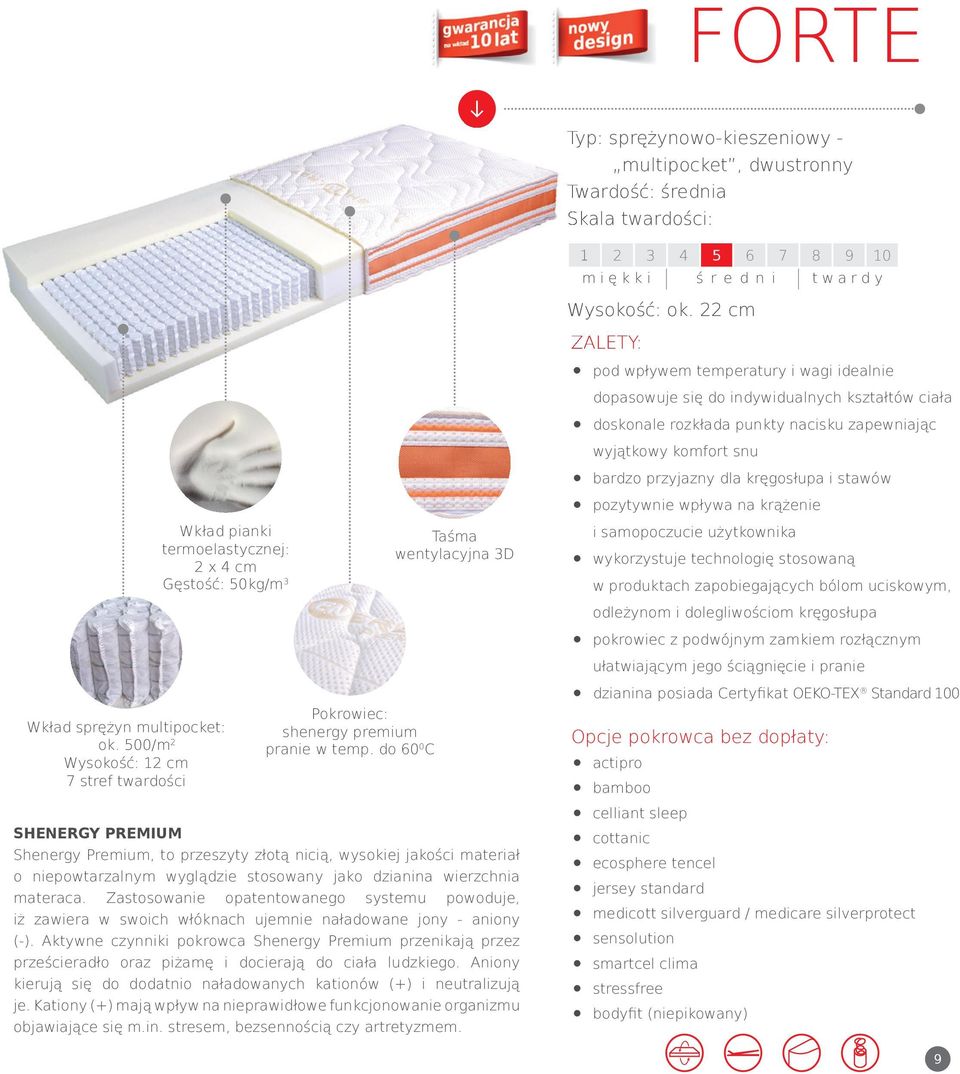 22 cm pod wpływem temperatury i wagi idealnie dopasowuje się do indywidualnych kształtów ciała doskonale rozkłada punkty nacisku zapewniając wyjątkowy komfort snu bardzo przyjazny dla kręgosłupa i