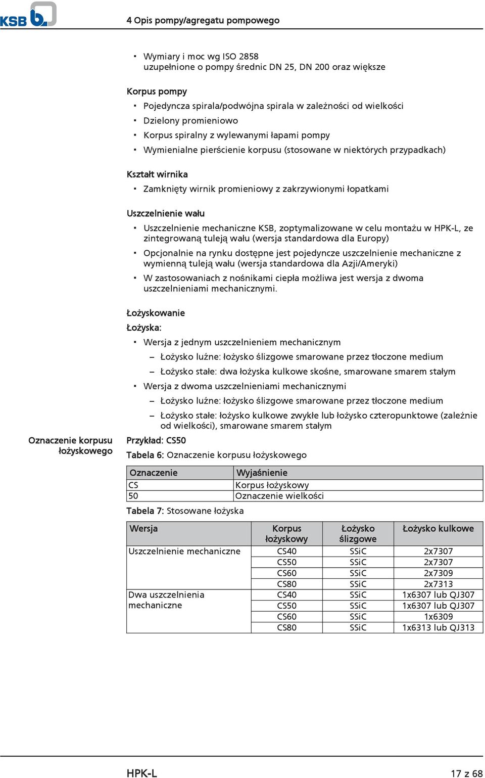 Uszczelnienie wału Uszczelnienie mechaniczne KSB, zoptymalizowane w celu montażu w HPK-L, ze zintegrowaną tuleją wału (wersja standardowa dla Europy) Opcjonalnie na rynku dostępne jest pojedyncze