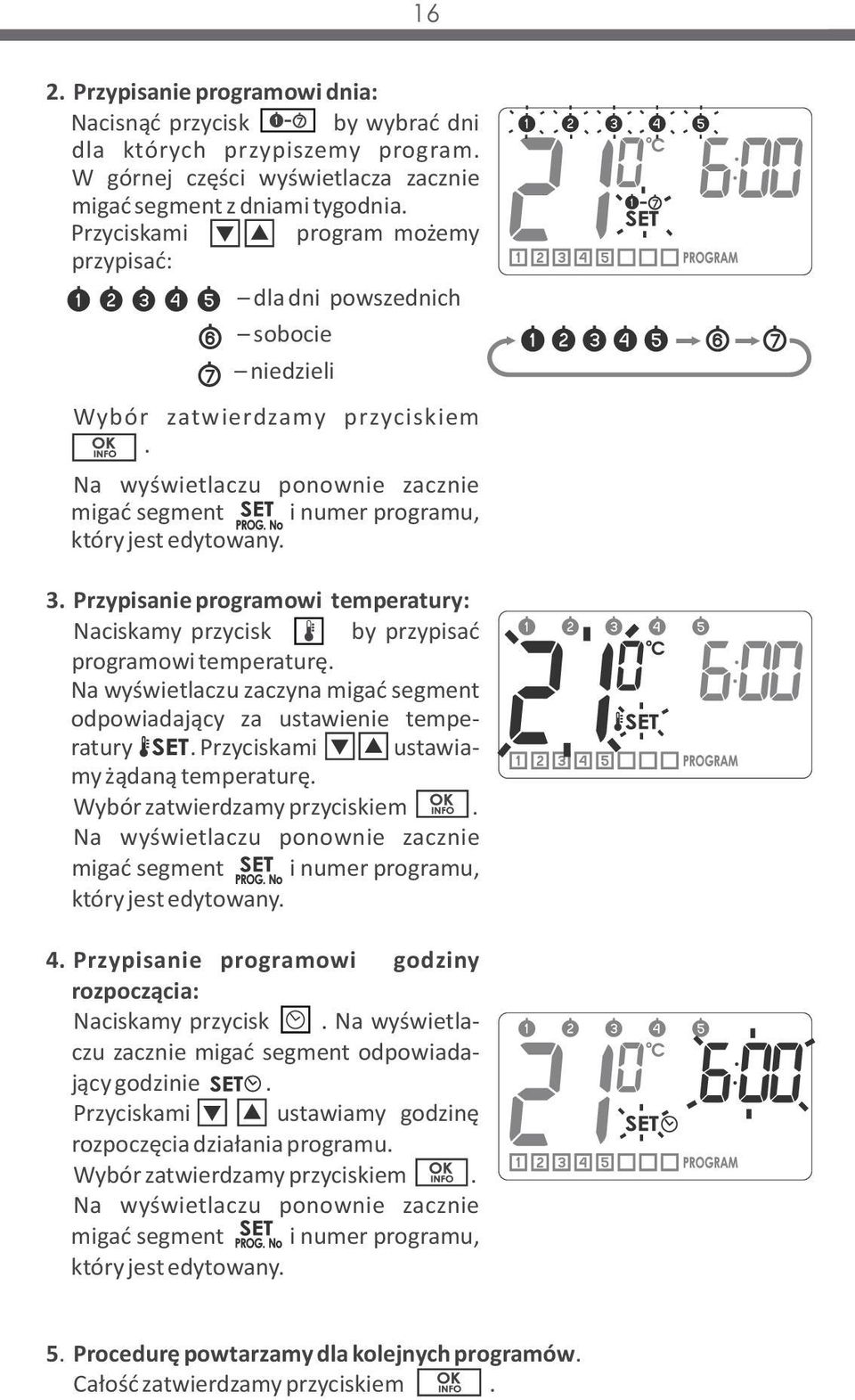 Na wyświetlaczu ponownie zacznie migać segment SET R i numer programu, który jest edytowany. 3. Przypisanie programowi temperatury: Naciskamy przycisk <term by przypisać programowi temperaturę.