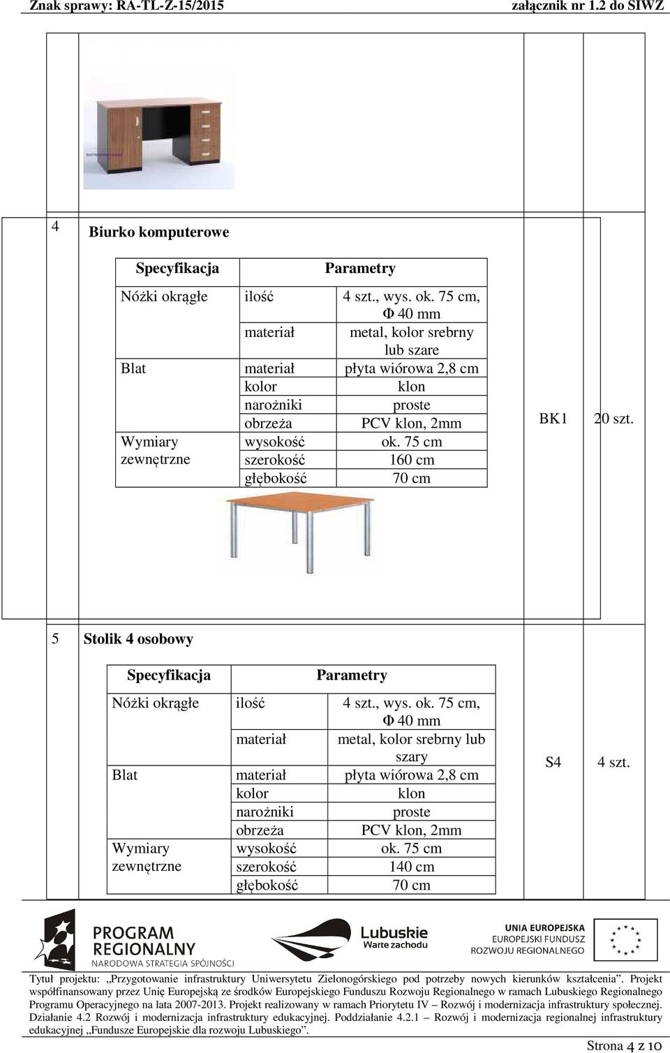 75 cm, Φ 40 mm materiał metal, srebrny lub szare Blat materiał płyta wiórowa 2,8 cm narożniki proste obrzeża PCV, 2mm Wymiary