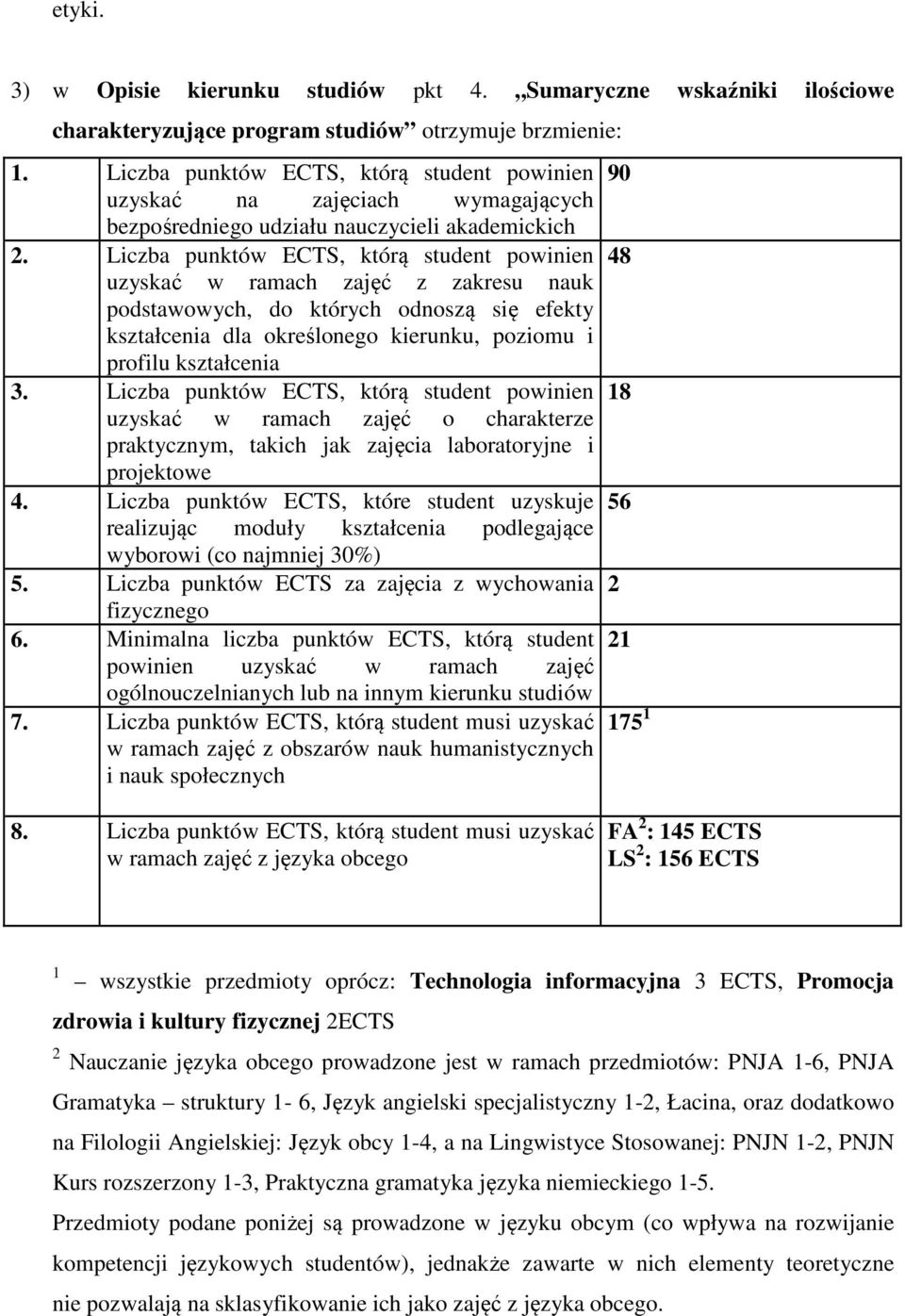 Liczba punktów ECTS, którą student powinien 48 uzyskać w ramach zajęć z zakresu nauk podstawowych, do których odnoszą się efekty kształcenia dla określonego kierunku, poziomu i profilu kształcenia 3.