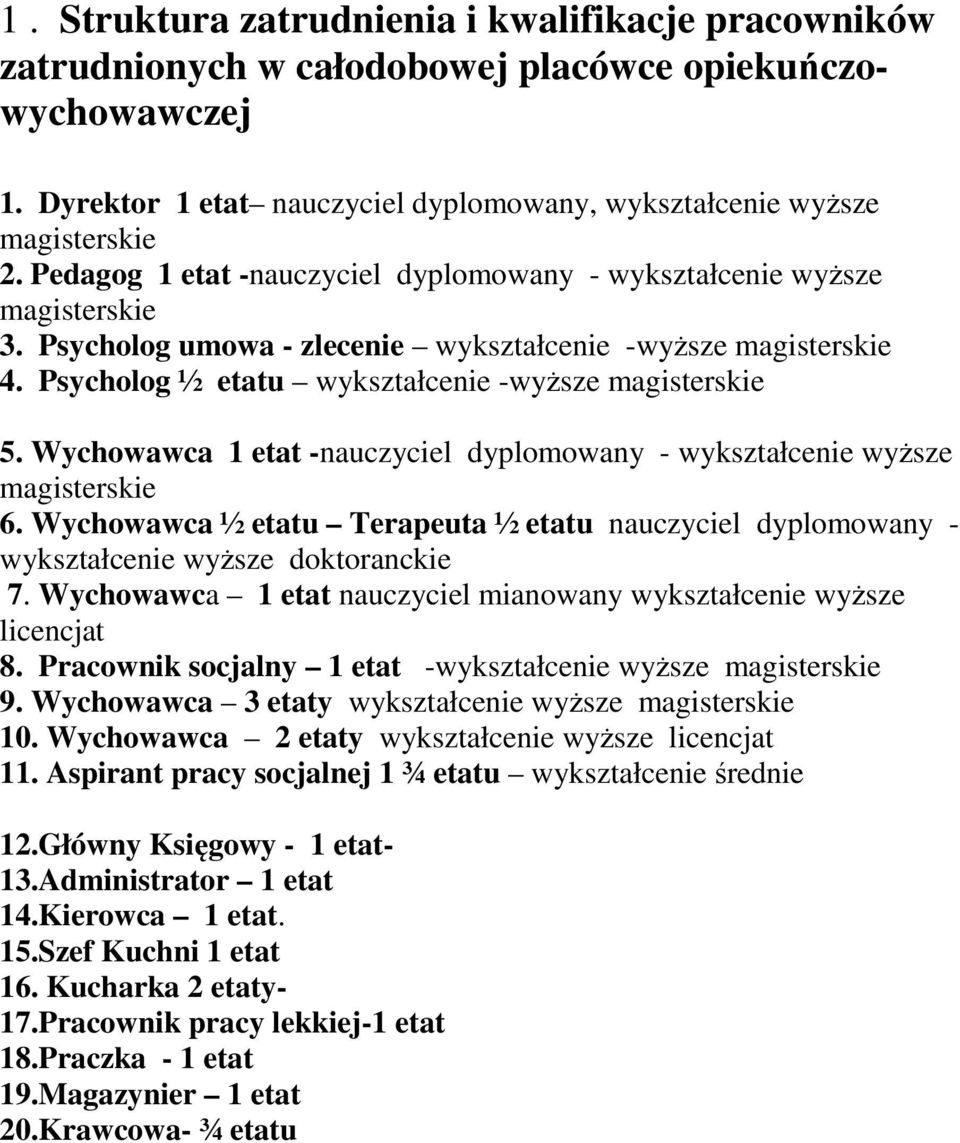 Wychowawca 1 etat -nauczyciel dyplomowany - wykształcenie wyższe magisterskie 6. Wychowawca ½ etatu Terapeuta ½ etatu nauczyciel dyplomowany - wykształcenie wyższe doktoranckie 7.