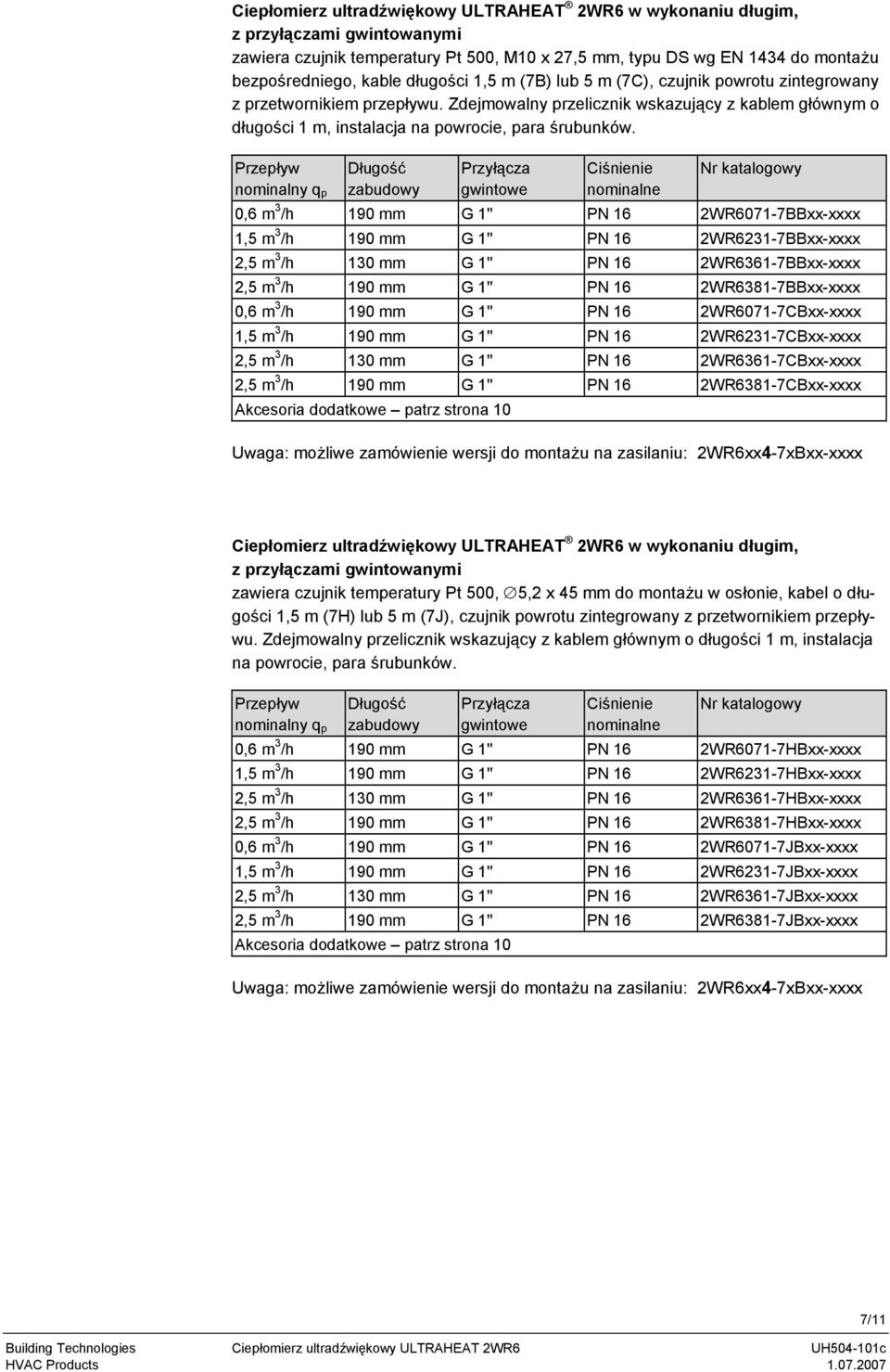 Przepływ nominalny q p Długość zabudowy Przyłącza gwintowe Ciśnienie nominalne Nr katalogowy 0,6 m 3 /h 190 mm G 1'' PN 16 2WR6071-7BBxx-xxxx 1,5 m 3 /h 190 mm G 1'' PN 16 2WR6231-7BBxx-xxxx 2,5 m 3