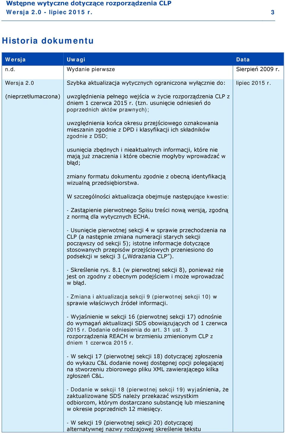 usunięcie odniesień do poprzednich aktów prawnych); uwzględnienia końca okresu przejściowego oznakowania mieszanin zgodnie z DPD i klasyfikacji ich składników zgodnie z DSD; lipiec 2015 r.