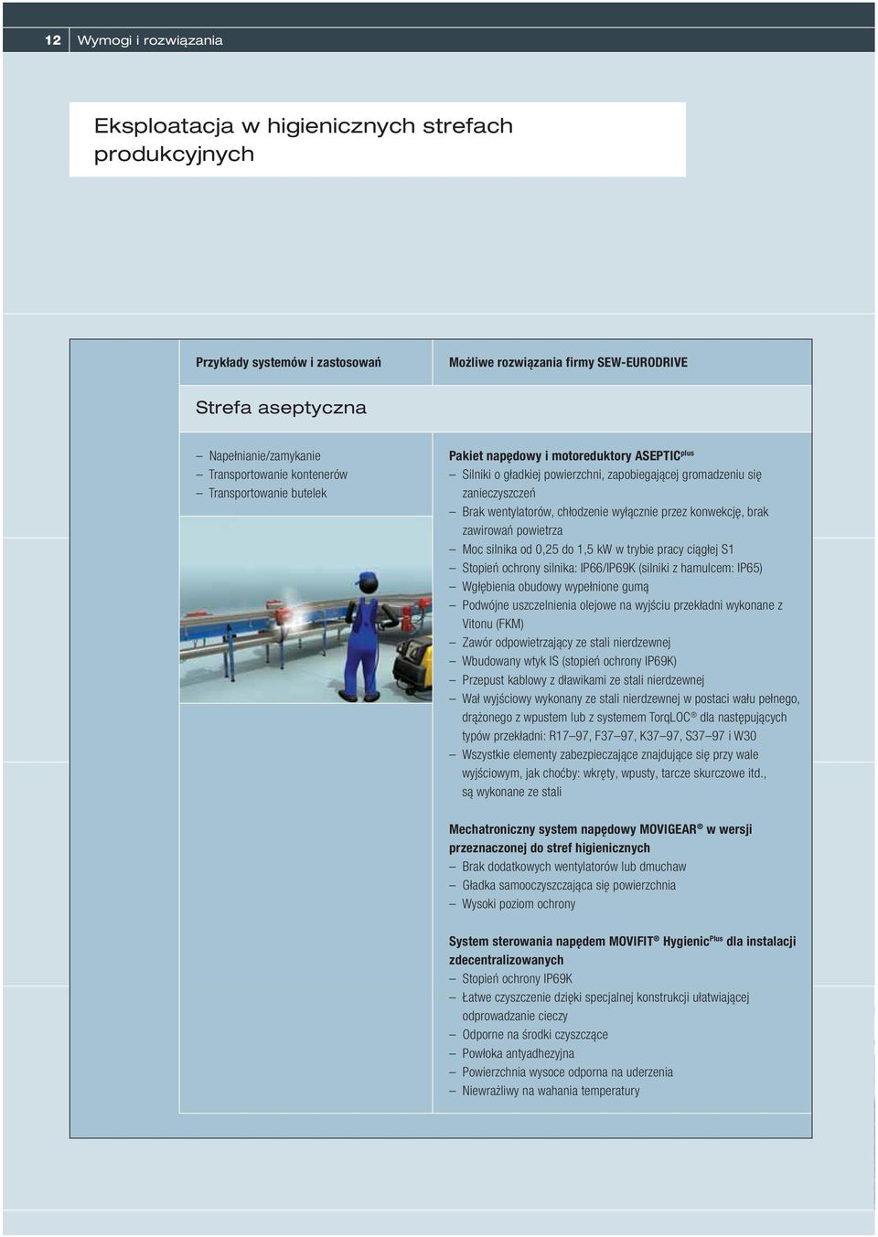 chłodzenie wyłącznie przez konwekcję, brak zawirowań powietrza Moc silnika od 0,25 do 1,5 kw w trybie pracy ciągłej S1 Stopień ochrony silnika: IP66/IP69K (silniki z hamulcem: IP65) Wgłębienia