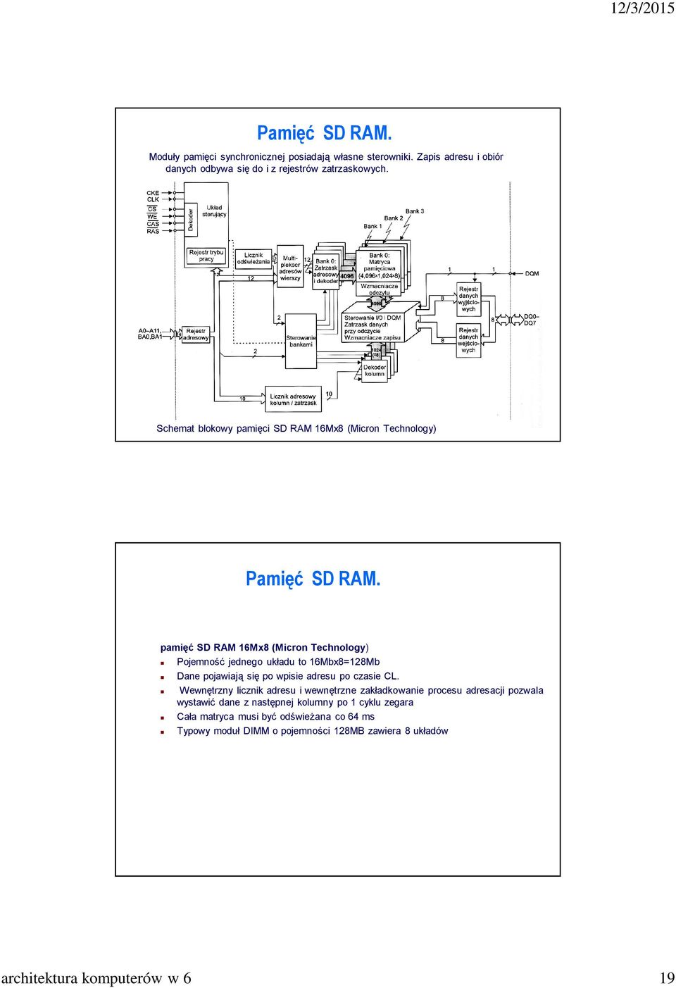 pamięć SD RAM 16Mx8 (Micron Technology) Pojemność jednego układu to 16Mbx8=128Mb Dane pojawiają się po wpisie adresu po czasie CL.