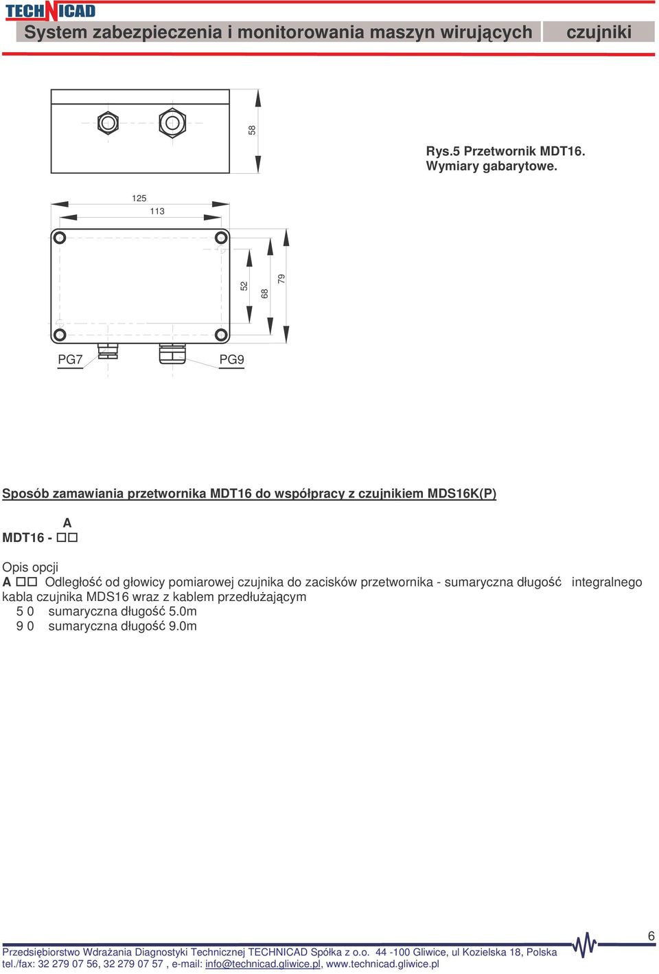 PG7 PG9 Sposób zamawiania przetwornika MDT16 do współpracy z em MDS16K(P) A MDT16 - A Odległo od