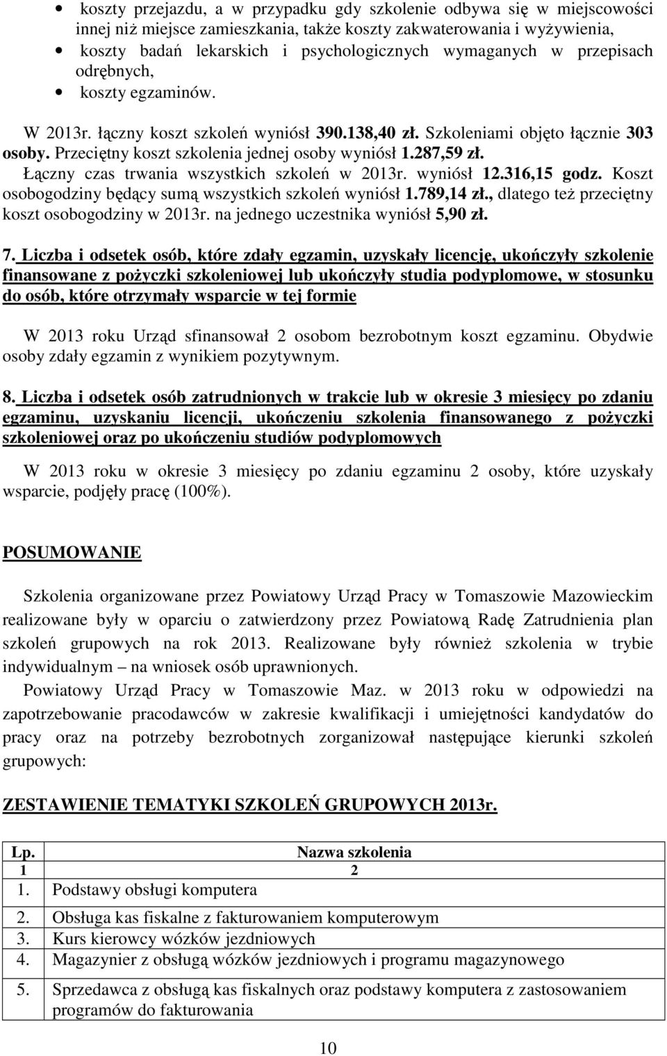 Łączny czas trwania wszystkich szkoleń w 2013r. wyniósł 12.316,15 godz. Koszt osobogodziny będący sumą wszystkich szkoleń wyniósł 1.789,14 zł., dlatego też przeciętny koszt osobogodziny w 2013r.