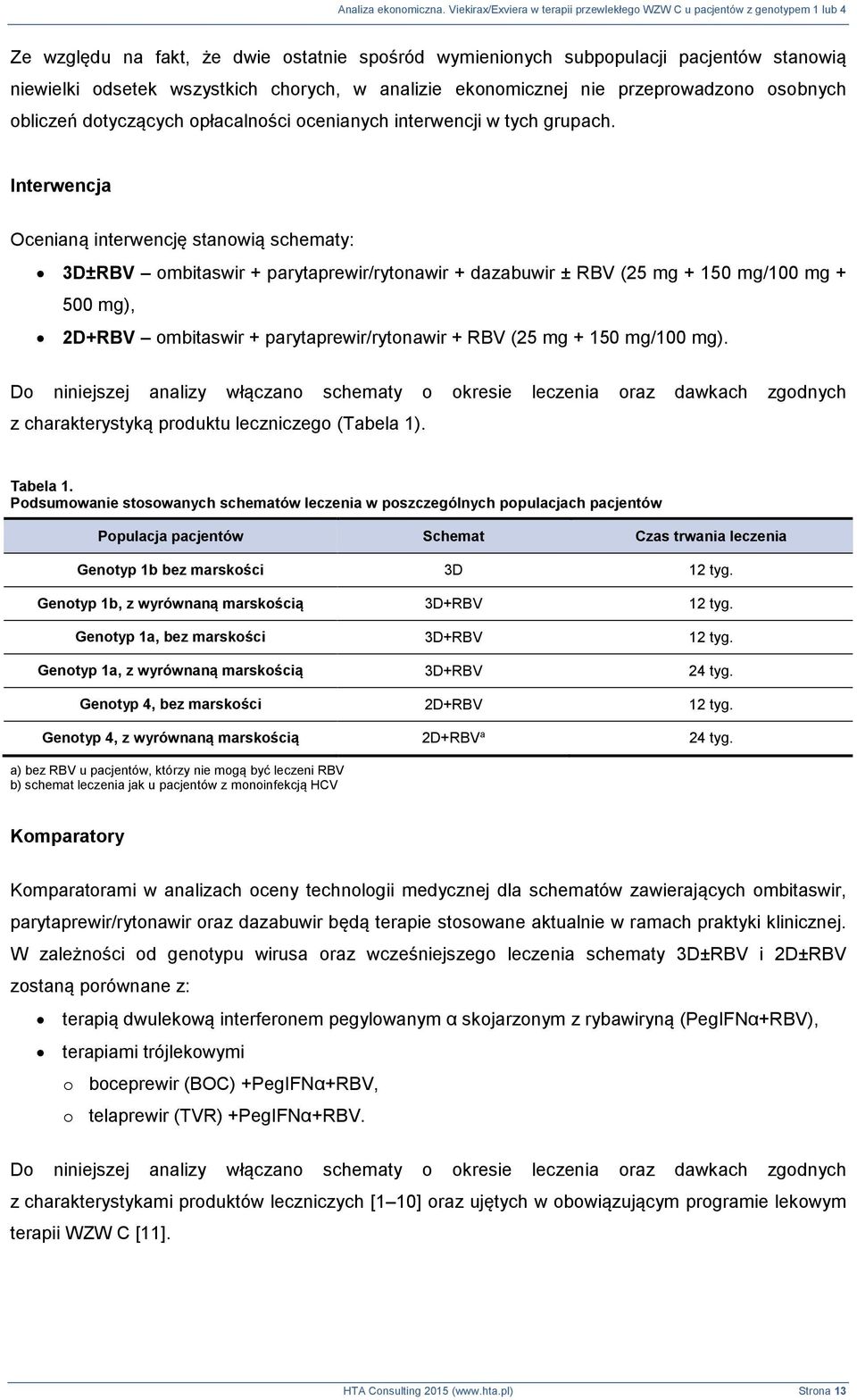 Interwencja Ocenianą interwencję stanowią schematy: 3D±RBV ombitaswir + parytaprewir/rytonawir + dazabuwir ± RBV (25 mg + 150 mg/100 mg + 500 mg), 2D+RBV ombitaswir + parytaprewir/rytonawir + RBV (25
