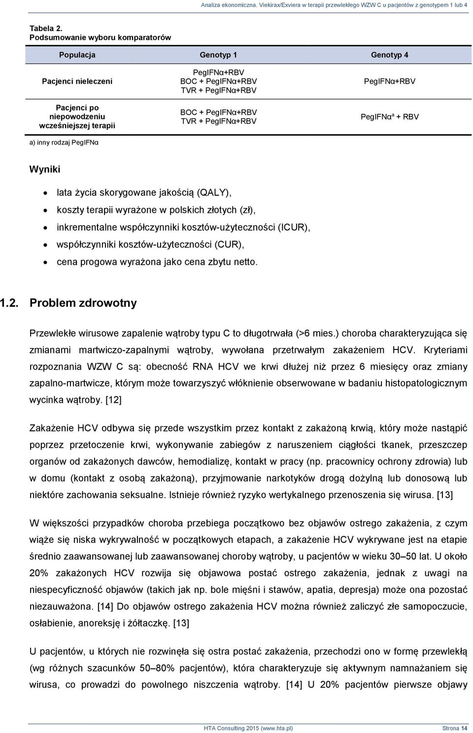 PegIFNα+RBV BOC + PegIFNα+RBV TVR + PegIFNα+RBV PegIFNα+RBV PegIFNα a + RBV Wyniki lata życia skorygowane jakością (QALY), koszty terapii wyrażone w polskich złotych (zł), inkrementalne współczynniki