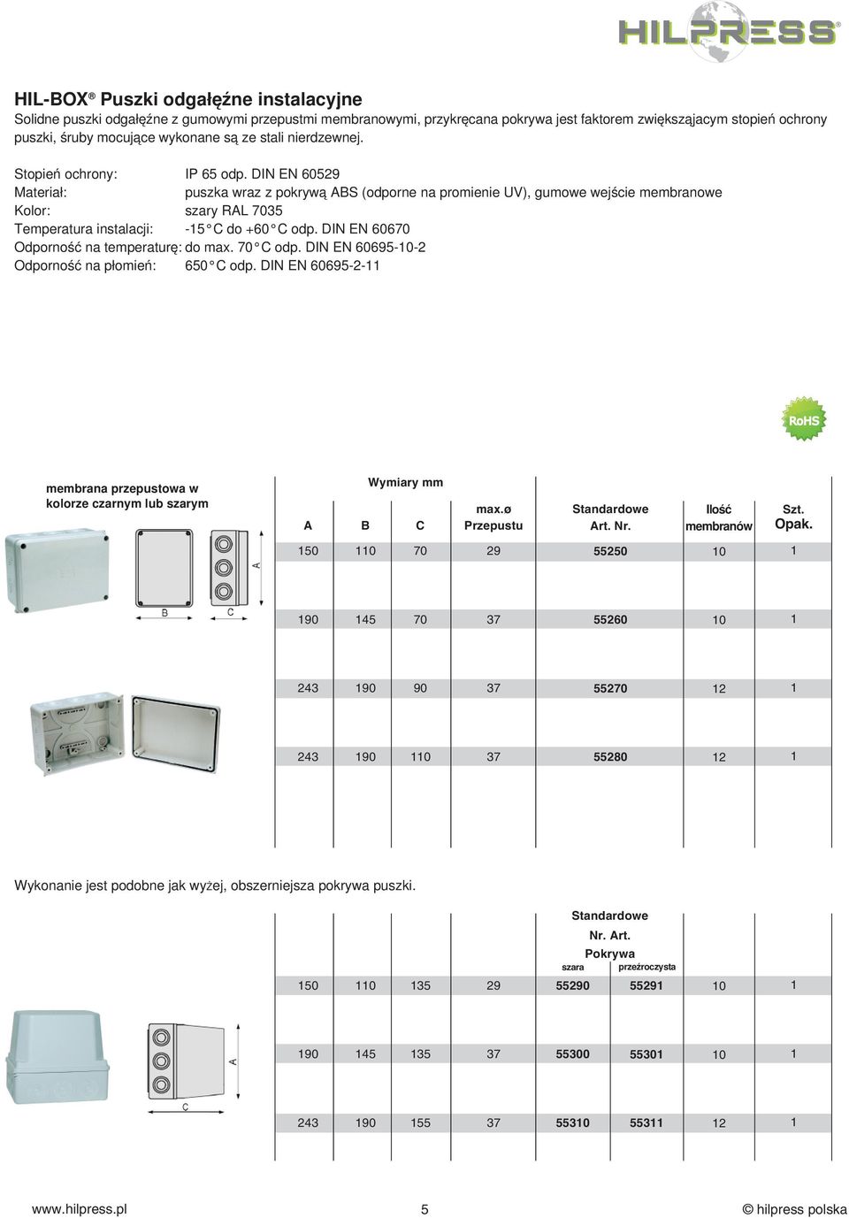 DIN EN 60529 Materiał: puszka wraz z pokrywą ABS (odporne na promienie UV), gumowe wejście membranowe Kolor: szary RAL 35 Temperatura instalacji: -5 C do +60 C odp.