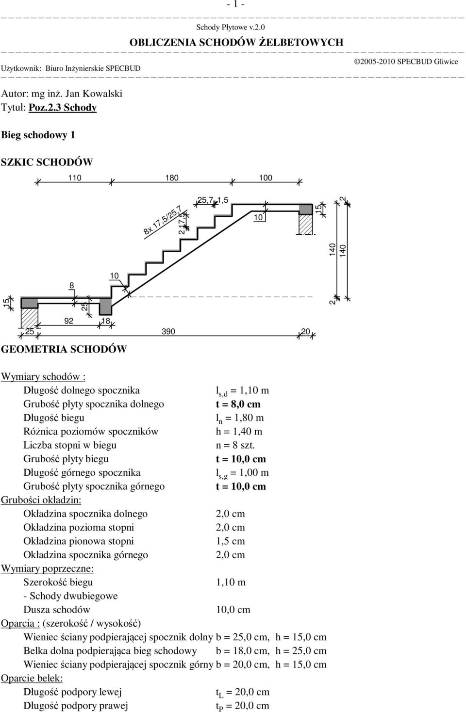 8,0 cm ugo biegu l n = 1,80 m Ró nica poziomów spoczników h = 1,40 m Liczba stopni w biegu n = 8 szt.