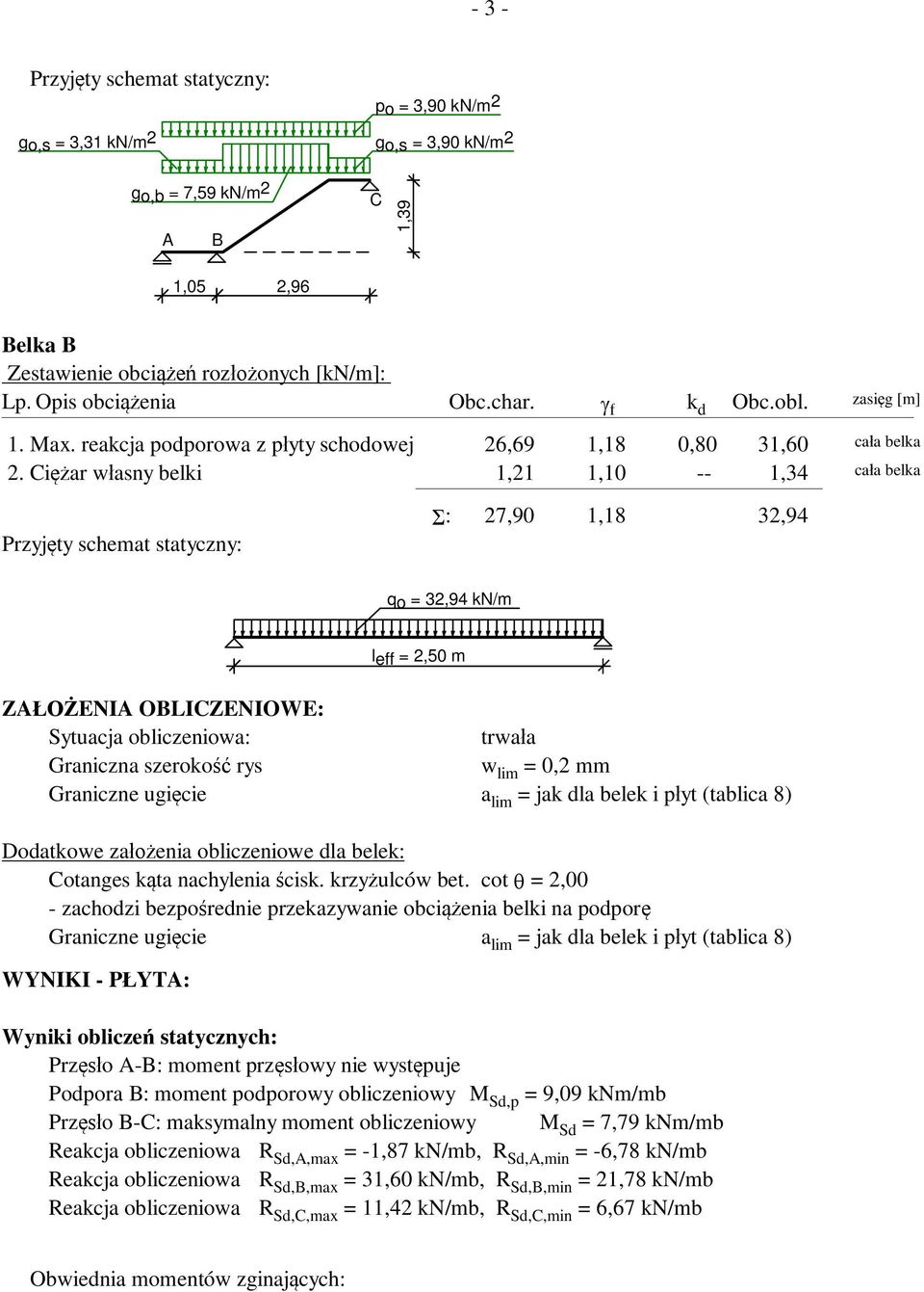 i ar w asny belki 1,1 1, -- 1,34 ca a belka Przyj ty schemat statyczny: : 7,90 1,18 3,94 qo = 3,94 kn/m leff =,50 m Z ENI OLIZENIOWE: Sytuacja obliczeniowa: trwa a Graniczna szeroko rys w lim = 0, mm