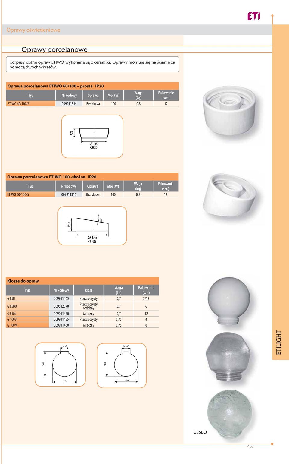 -skośna IP20 Waga Pakowanie Typ Nr kodowy Oprawa Moc (W) ETIWO 60/100/S 009911315 Bez klosza 100 0,8 12 Klosze do opraw Typ Nr kodowy klosz Waga Pakowanie G 85B