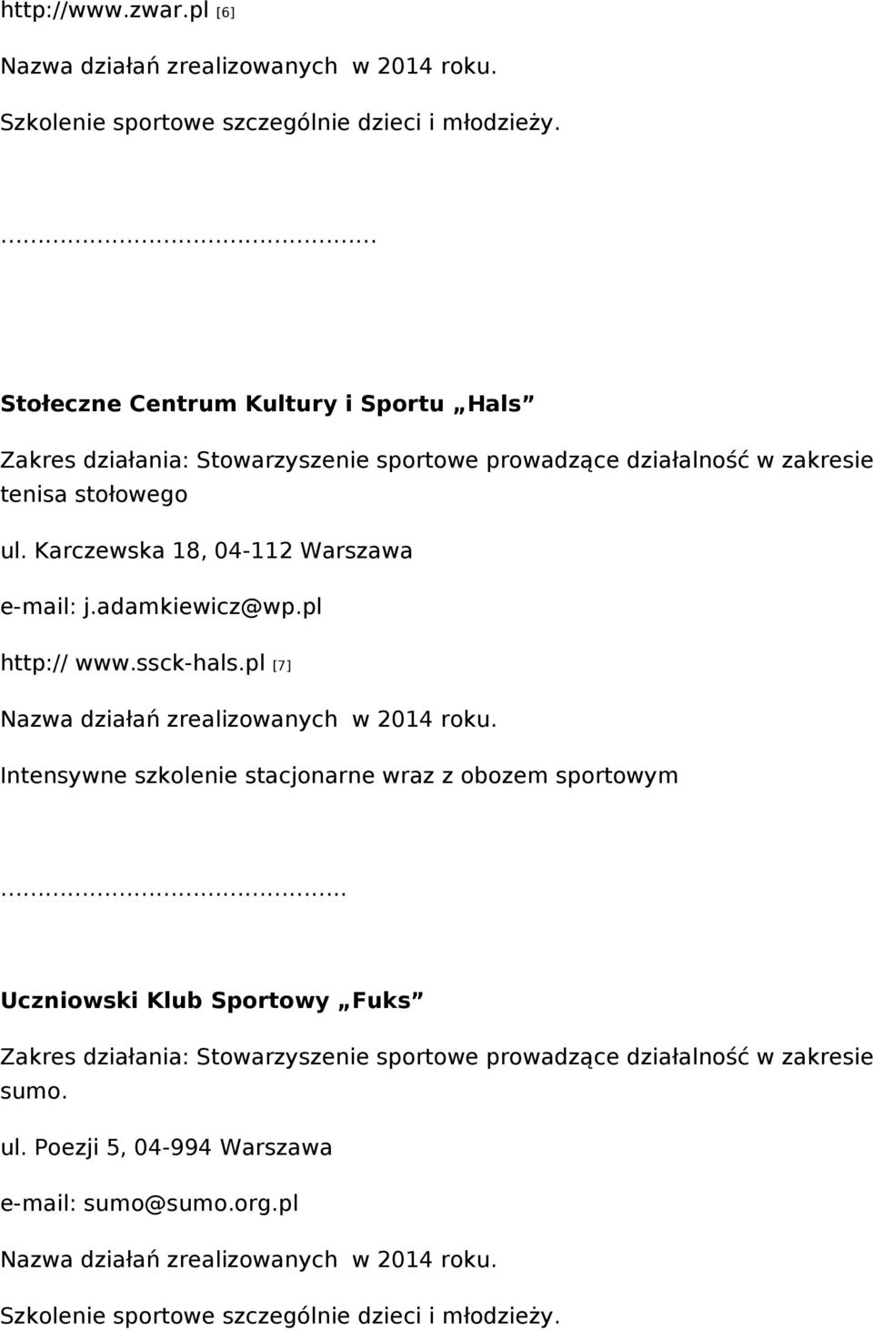 ssck-hals.pl [7] Nazwa działań zrealizowanych w 2014 roku. Intensywne szkolenie stacjonarne wraz z obozem sportowym.