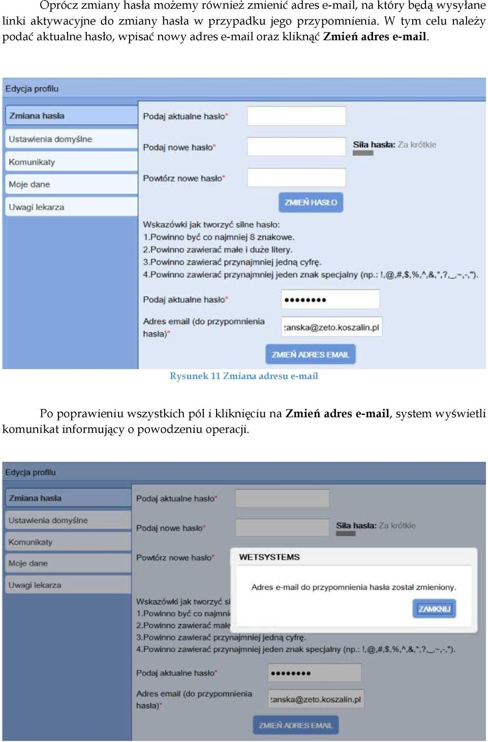 W tym celu należy podać aktualne hasło, wpisać nowy adres e-mail oraz kliknąć Zmień adres e-mail.