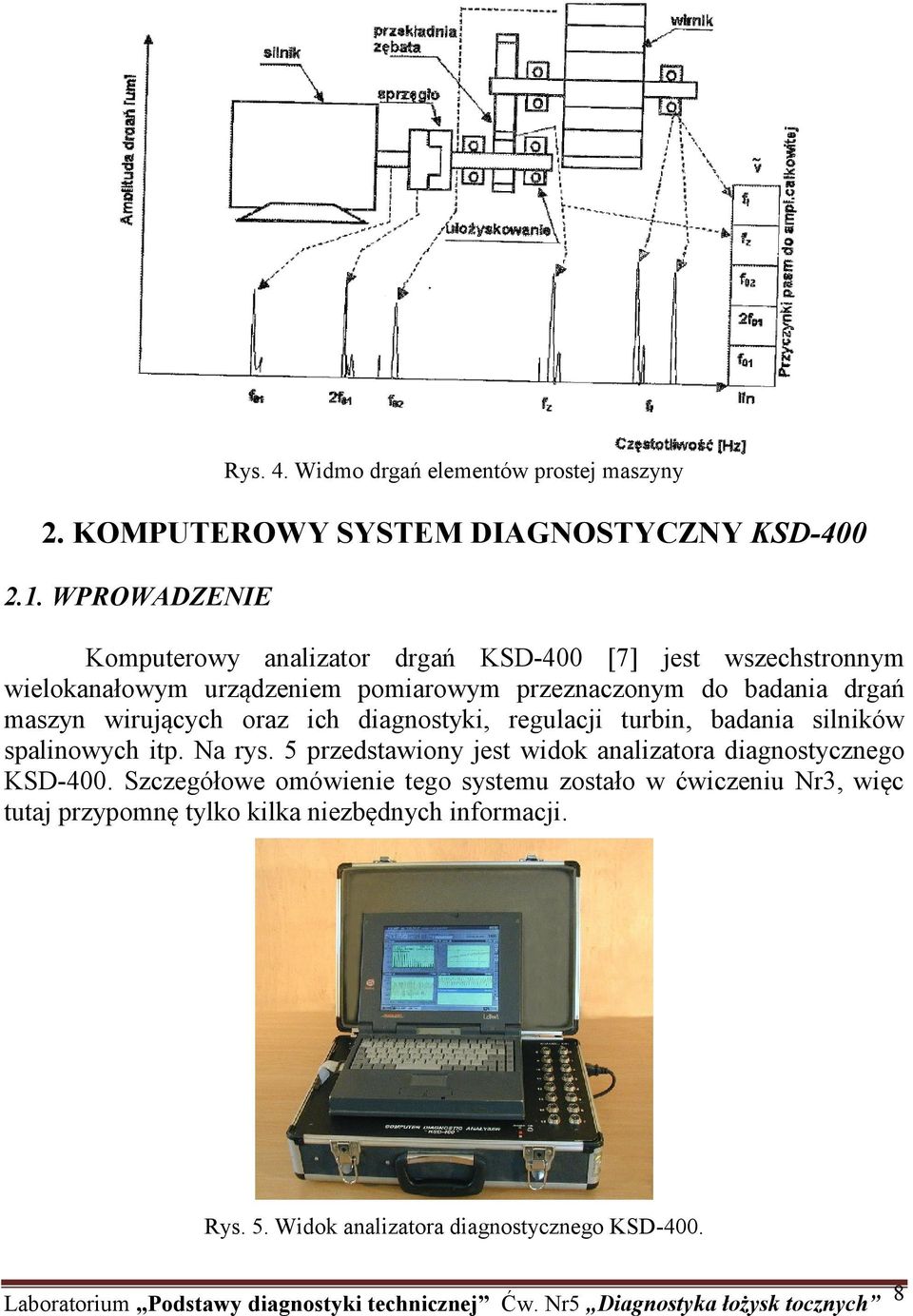 oraz ich diagnostyki, regulacji turbin, badania silników spalinowych itp. Na rys. 5 przedstawiony jest widok analizatora diagnostycznego KSD-400.