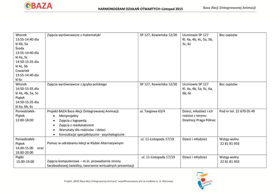 4a, 4b, 5a, 5c, 6a, 6b, 6c Projekt BAZA Baza Akcji Zintegrowanej Animacji: Miniprojekty Zajęcia z logopedą Zajęcia z reedukatorem Warsztaty dla rodziców i dzieci Konsultacje specjalistyczne -