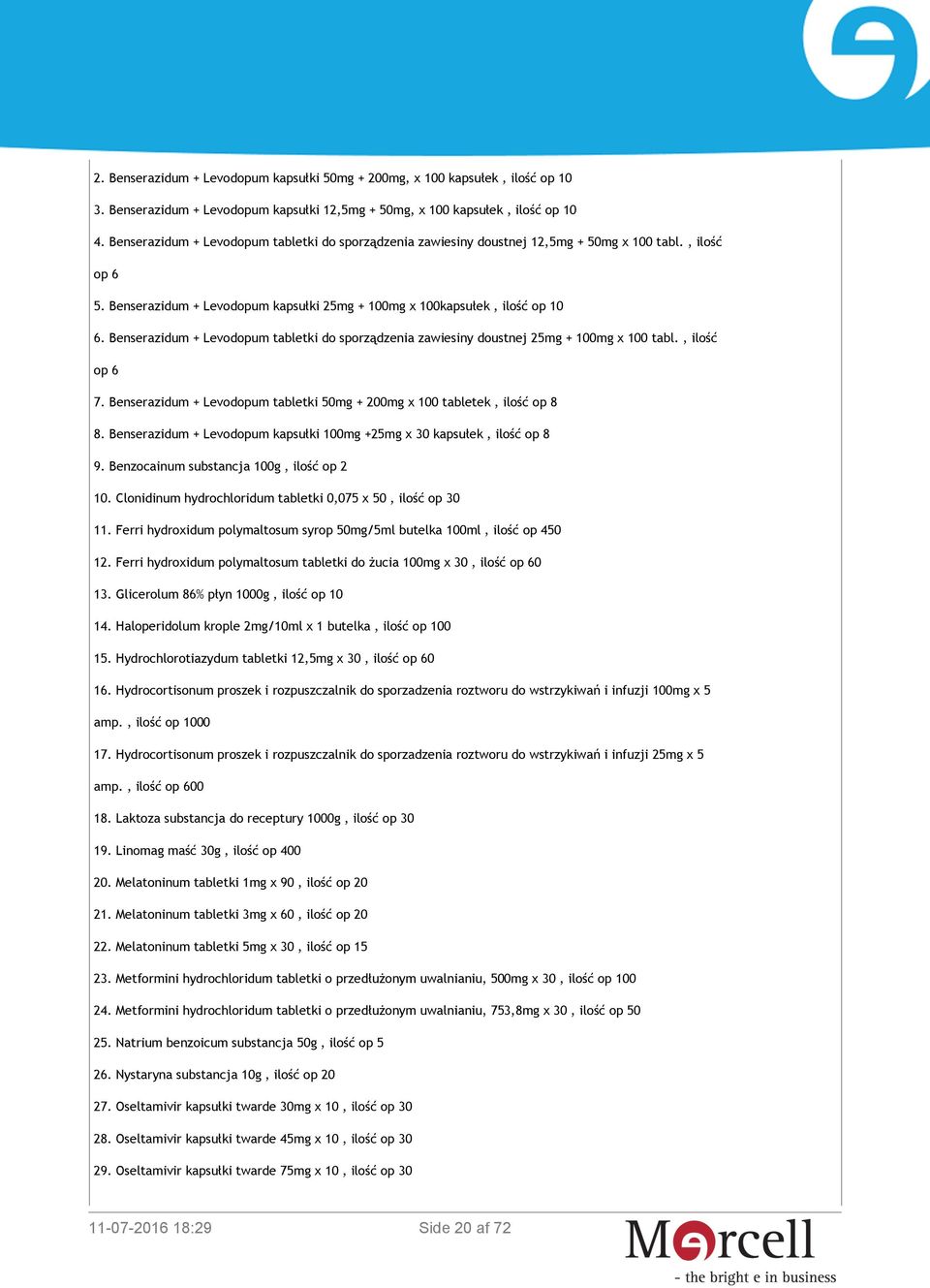 Benserazidum + Levodopum tabletki do sporządzenia zawiesiny doustnej 25mg + 100mg x 100 tabl., ilość op 6 7. Benserazidum + Levodopum tabletki 50mg + 200mg x 100 tabletek, ilość op 8 8.